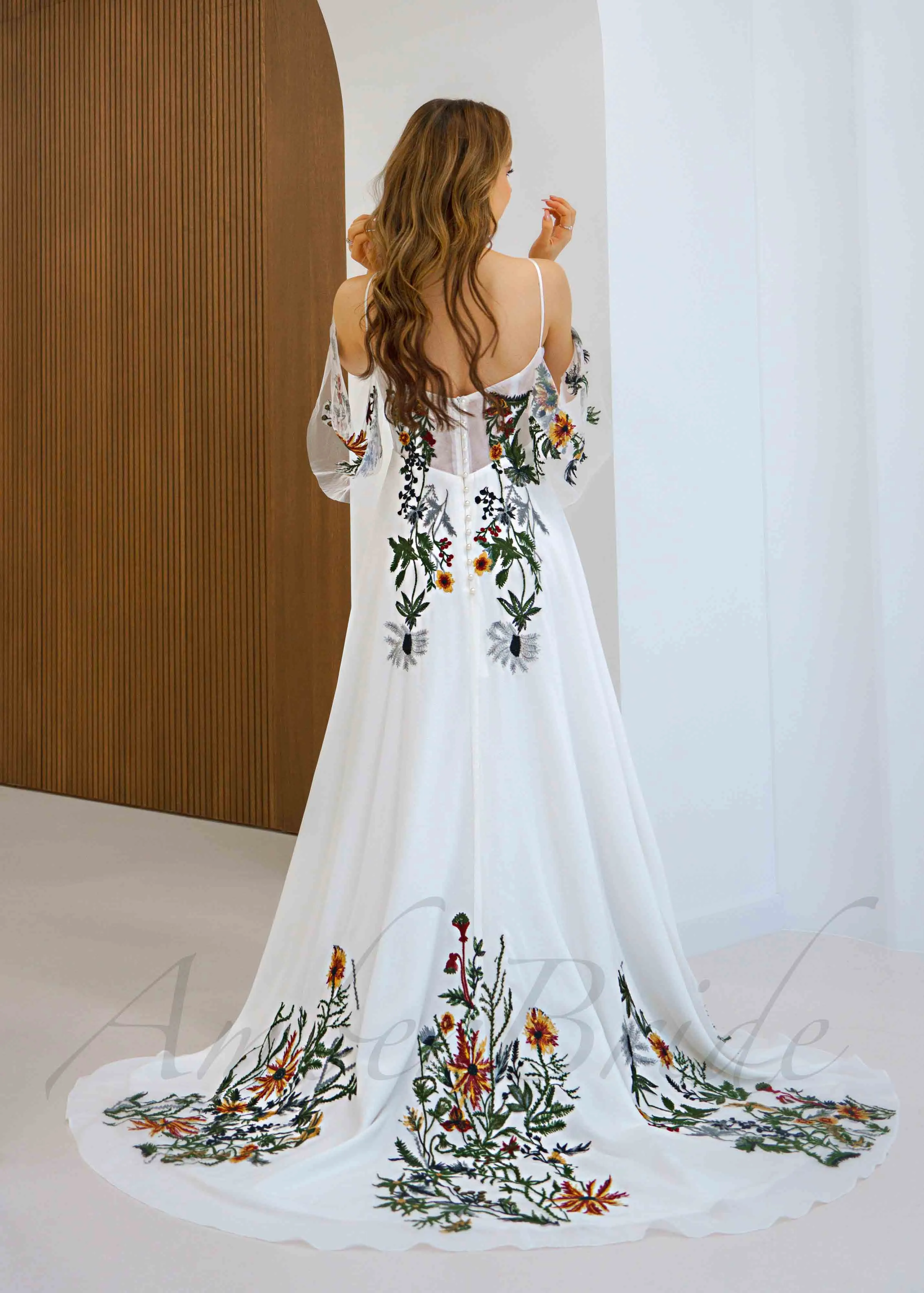 Forest Floral Chiffon Wedding Dress with Off Shoulder Embroidered Bodice