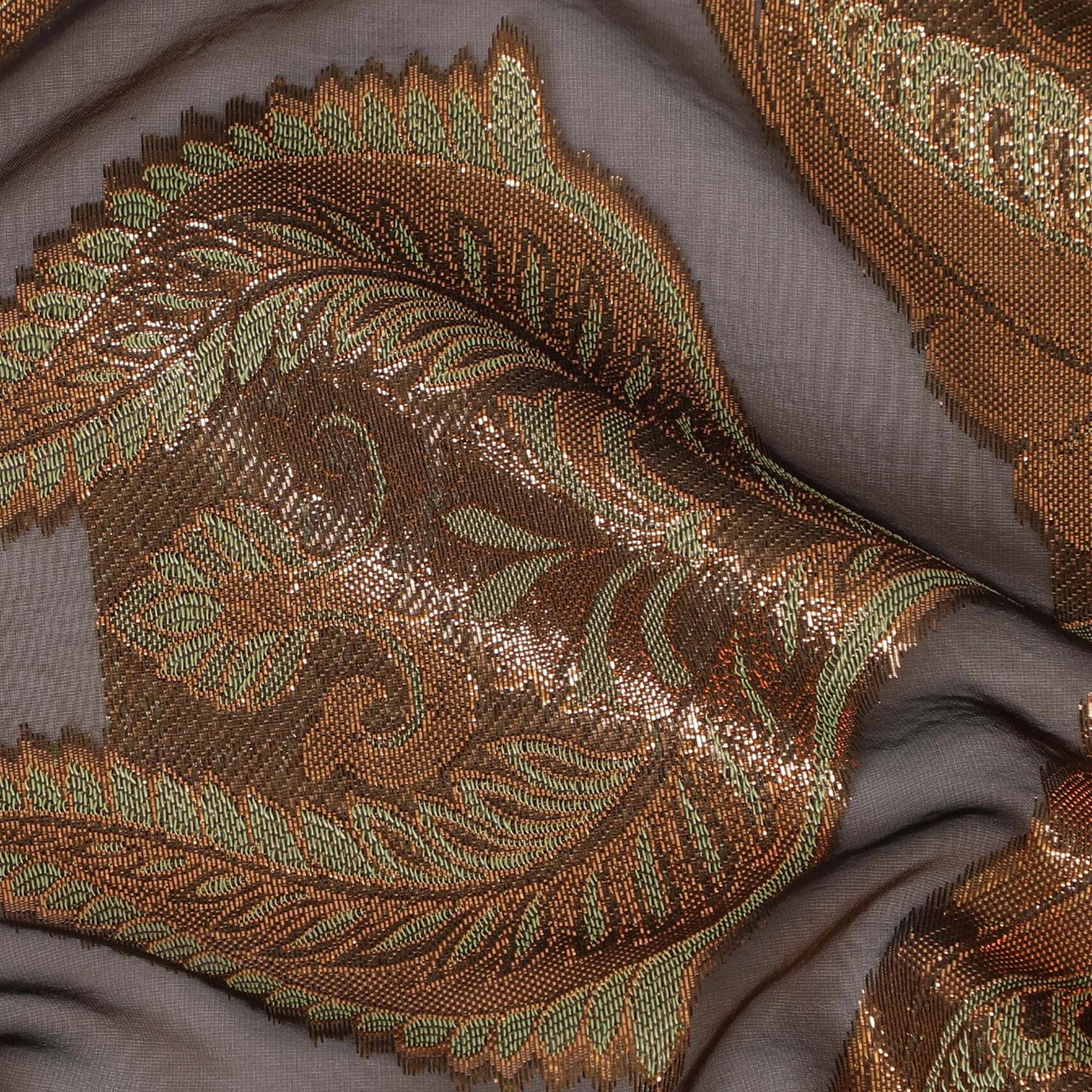 French Silk Chiffon (Fransawi) Fabric with Metallic Copper and Green Lurex Paisley Design, 140 cm Width-D19741