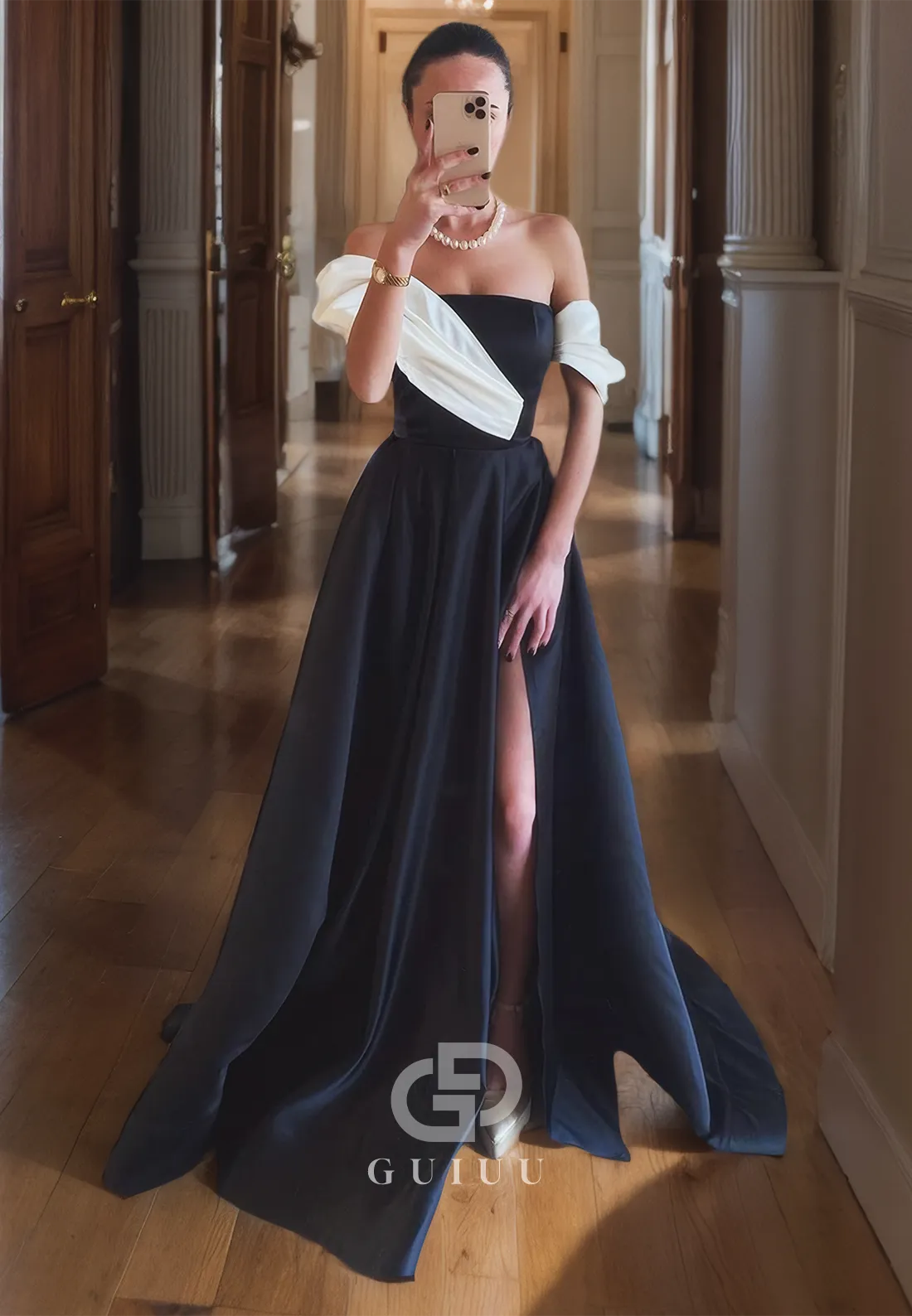 G4555 -  Elegant A-Line oFF-Shoulder Black High Side Slit Prom Evening Gown with Train
