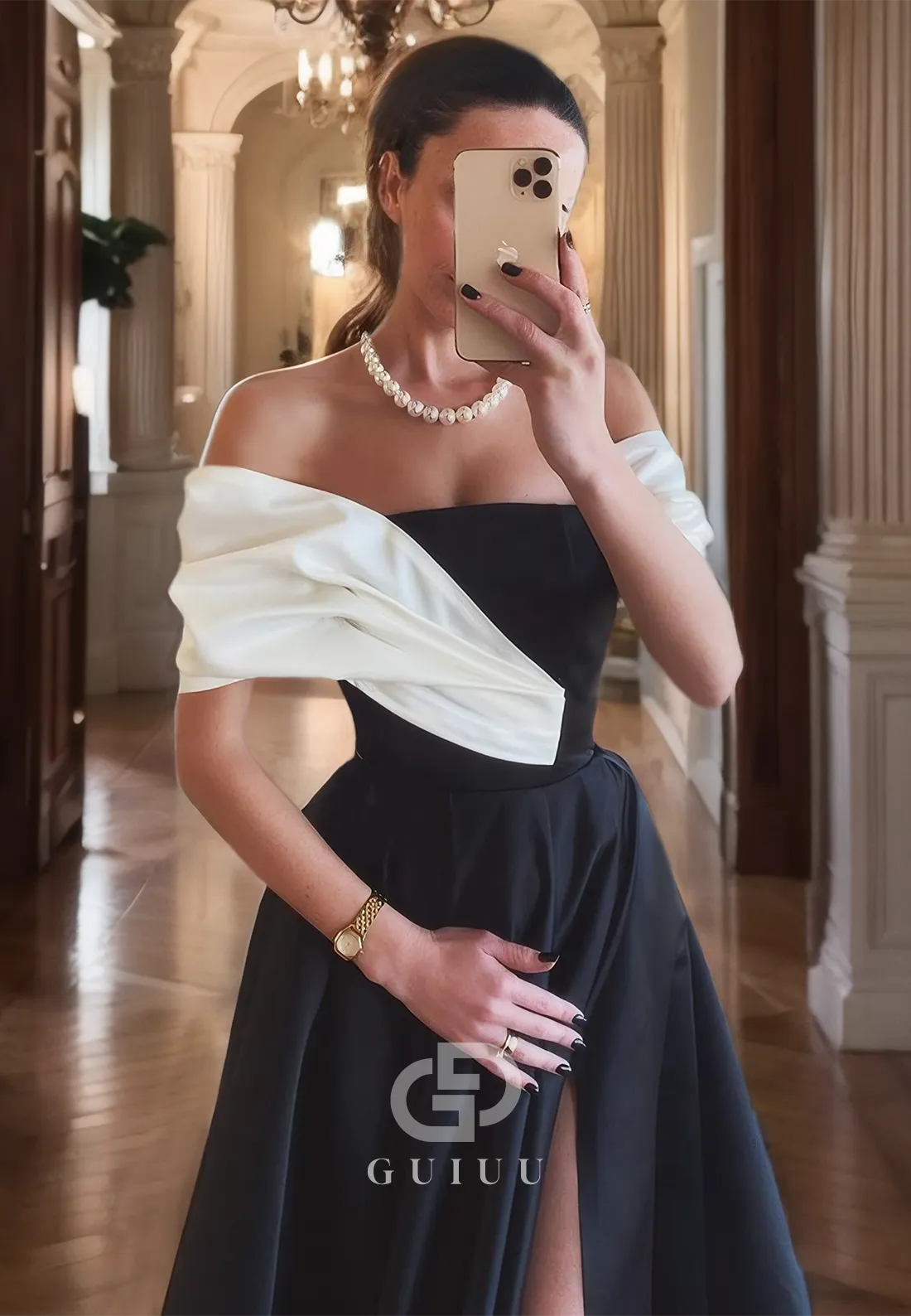 G4555 -  Elegant A-Line oFF-Shoulder Black High Side Slit Prom Evening Gown with Train