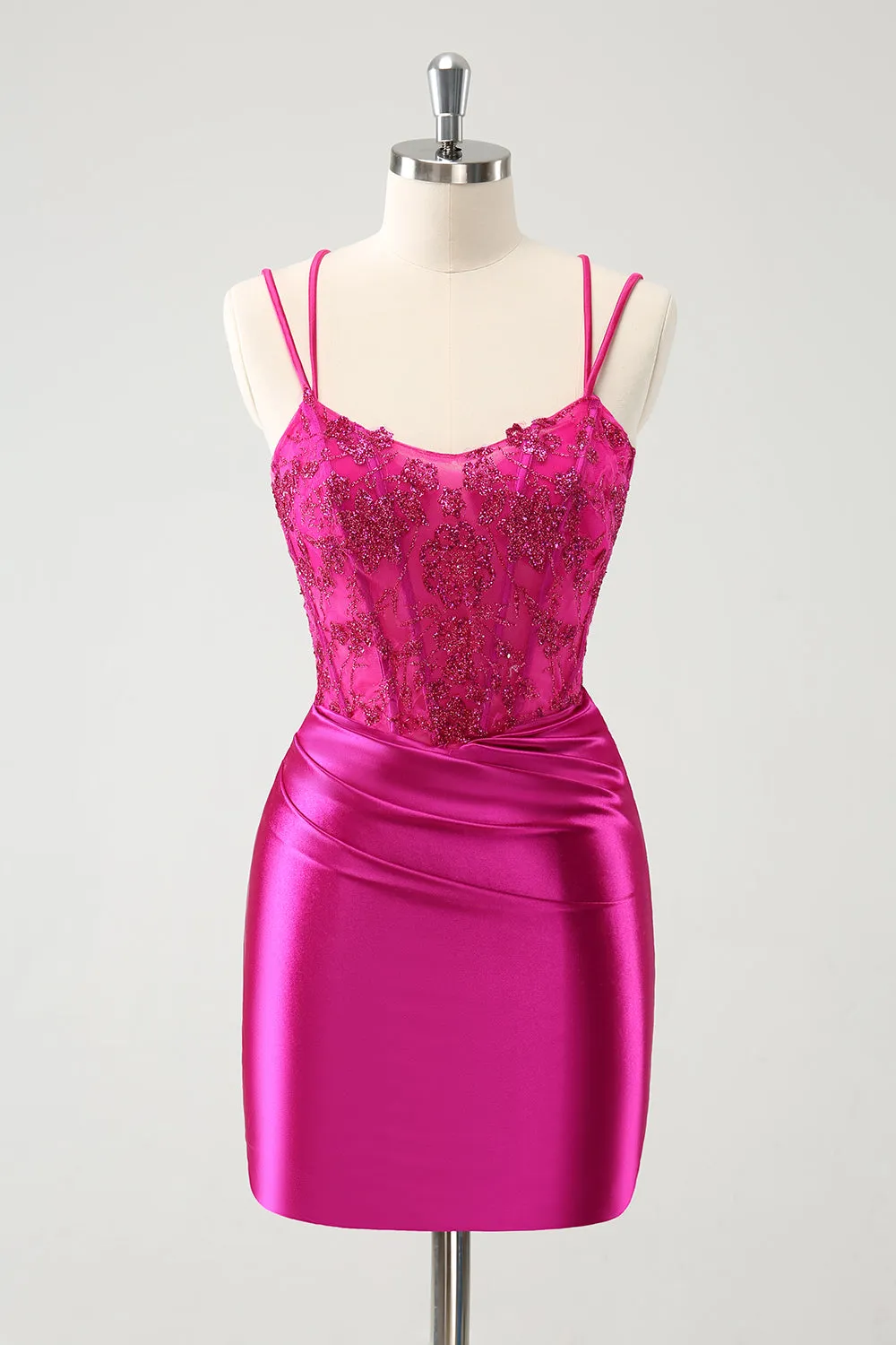 Glitter Fuchsia Rushed Corset Short Tight Homecoming Dresses with Lace Up Back
