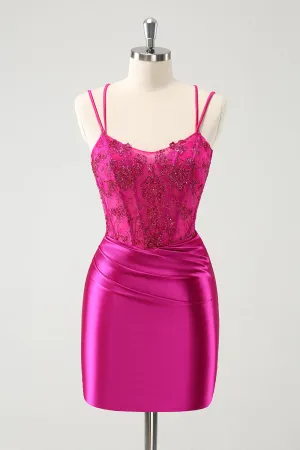 Glitter Fuchsia Rushed Corset Short Tight Homecoming Dresses with Lace Up Back