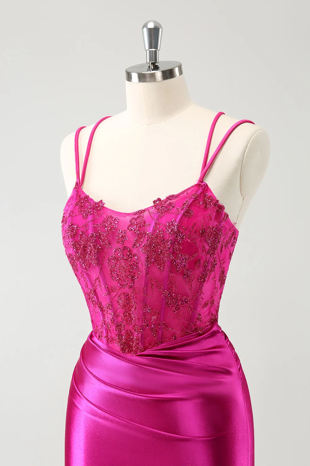 Glitter Fuchsia Rushed Corset Short Tight Homecoming Dresses with Lace Up Back