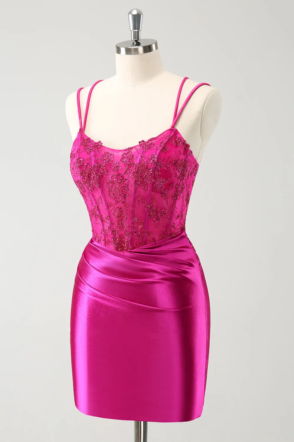 Glitter Fuchsia Rushed Corset Short Tight Homecoming Dresses with Lace Up Back