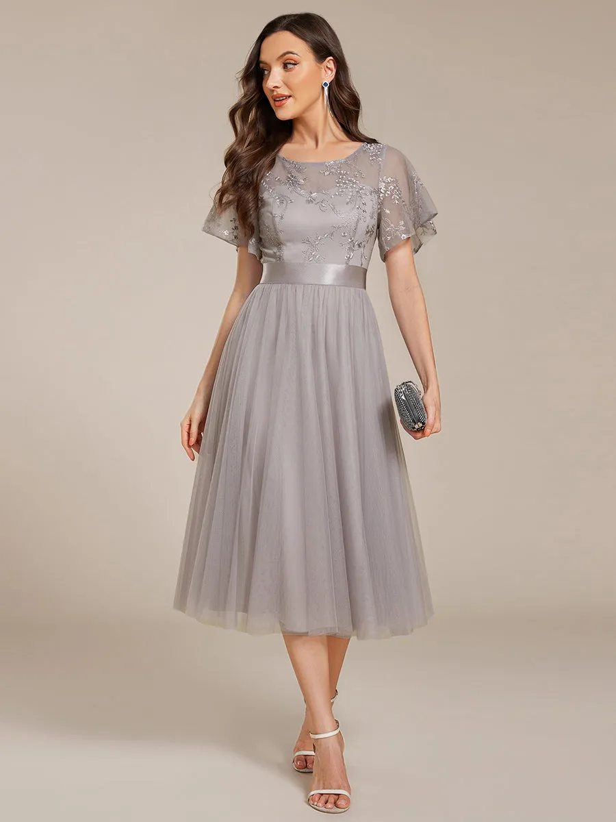 Graceful Embroidery See-through Round Neck Tulle Bridesmaid Dresses