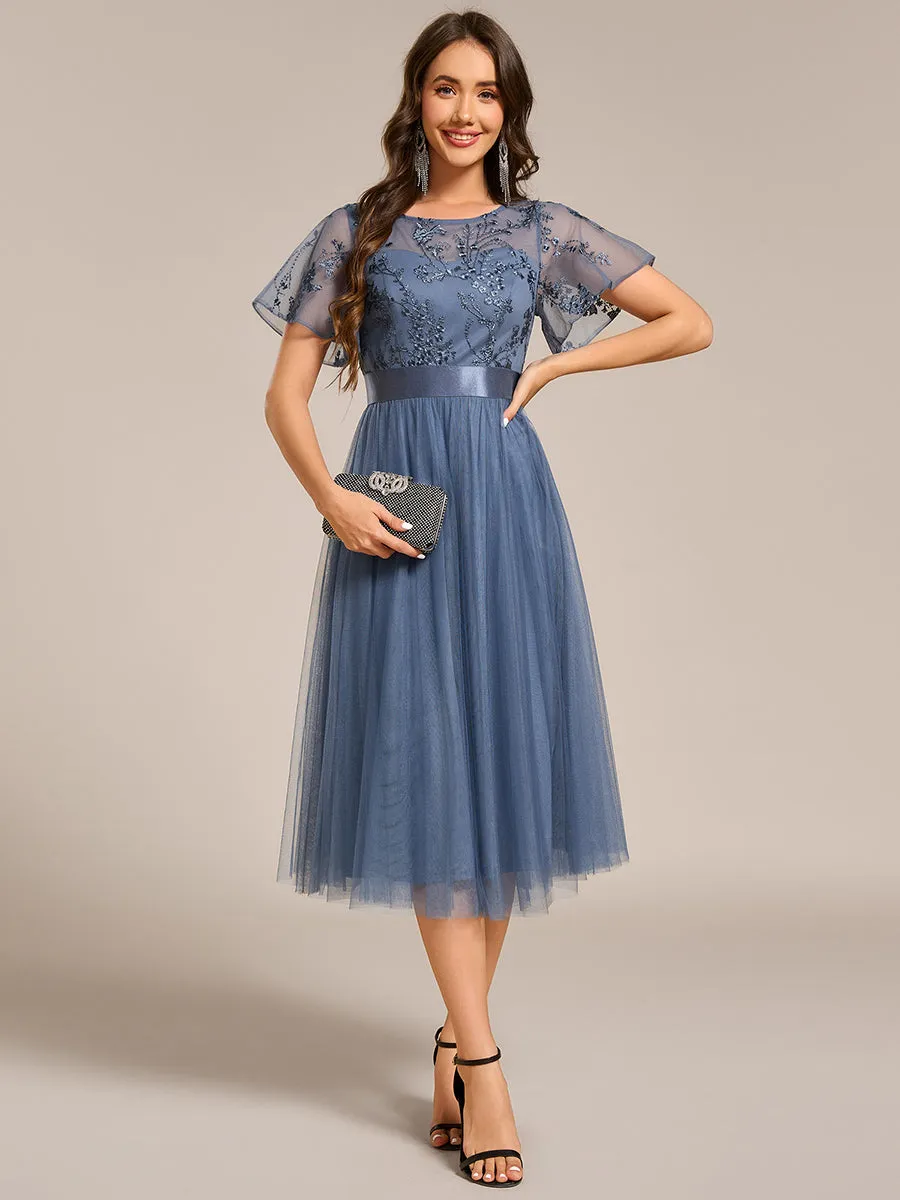 Graceful Embroidery See-through Round Neck Tulle Bridesmaid Dresses