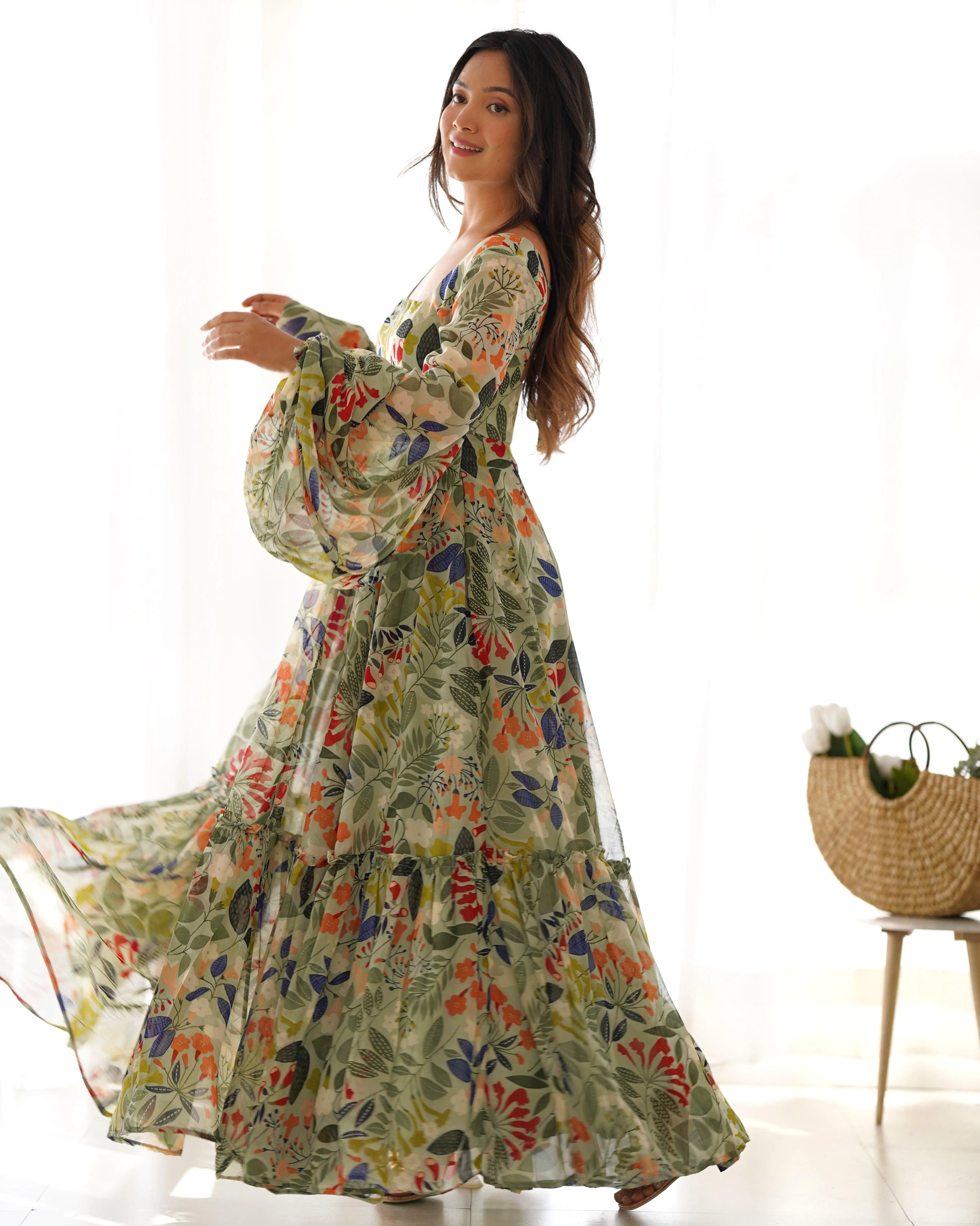 Green Pure Faux Georgette Floral Digital Printed Maxi Gown