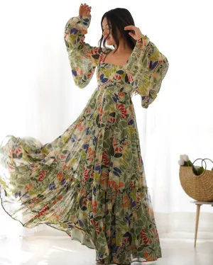 Green Pure Faux Georgette Floral Digital Printed Maxi Gown