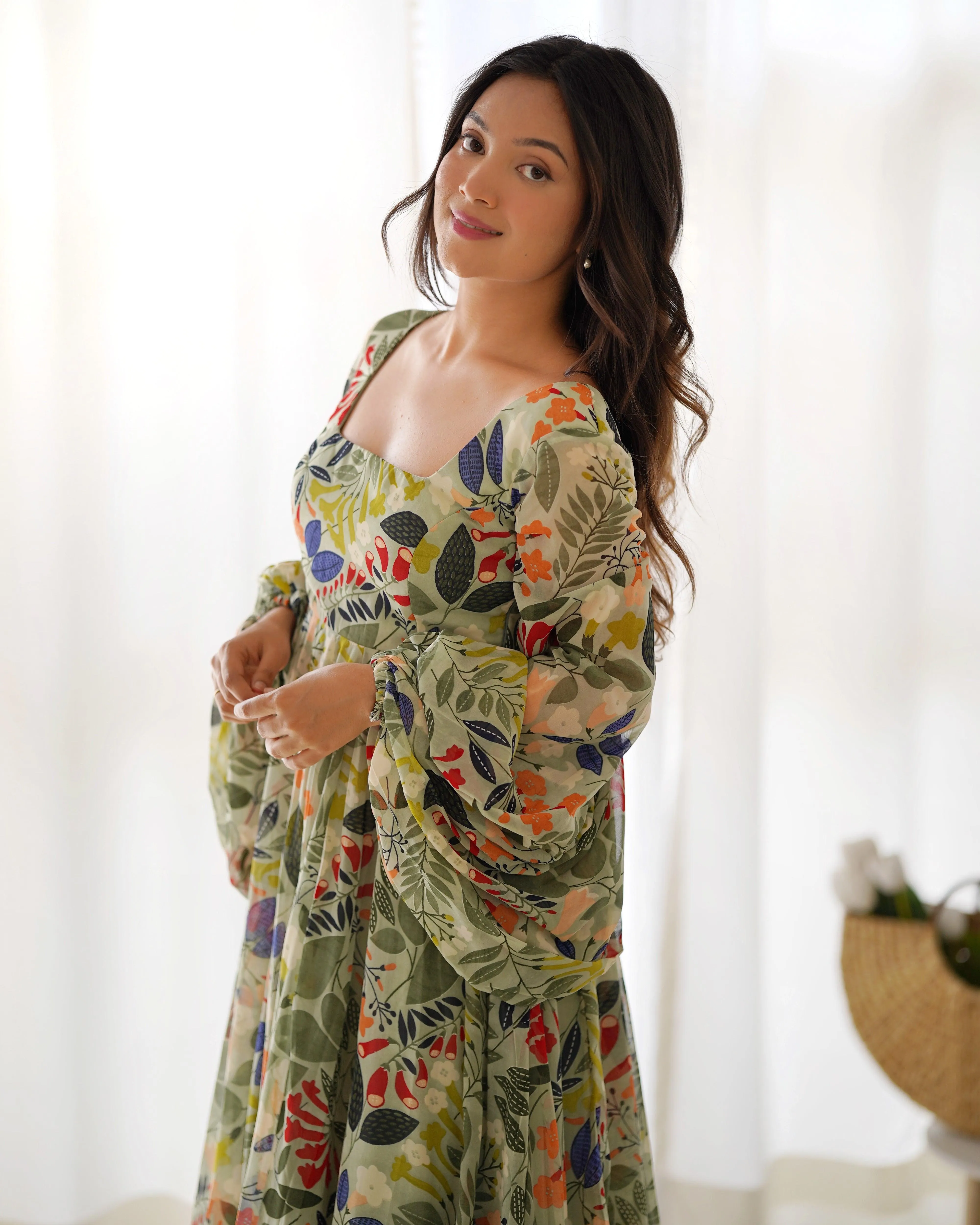 Green Pure Faux Georgette Floral Digital Printed Maxi Gown