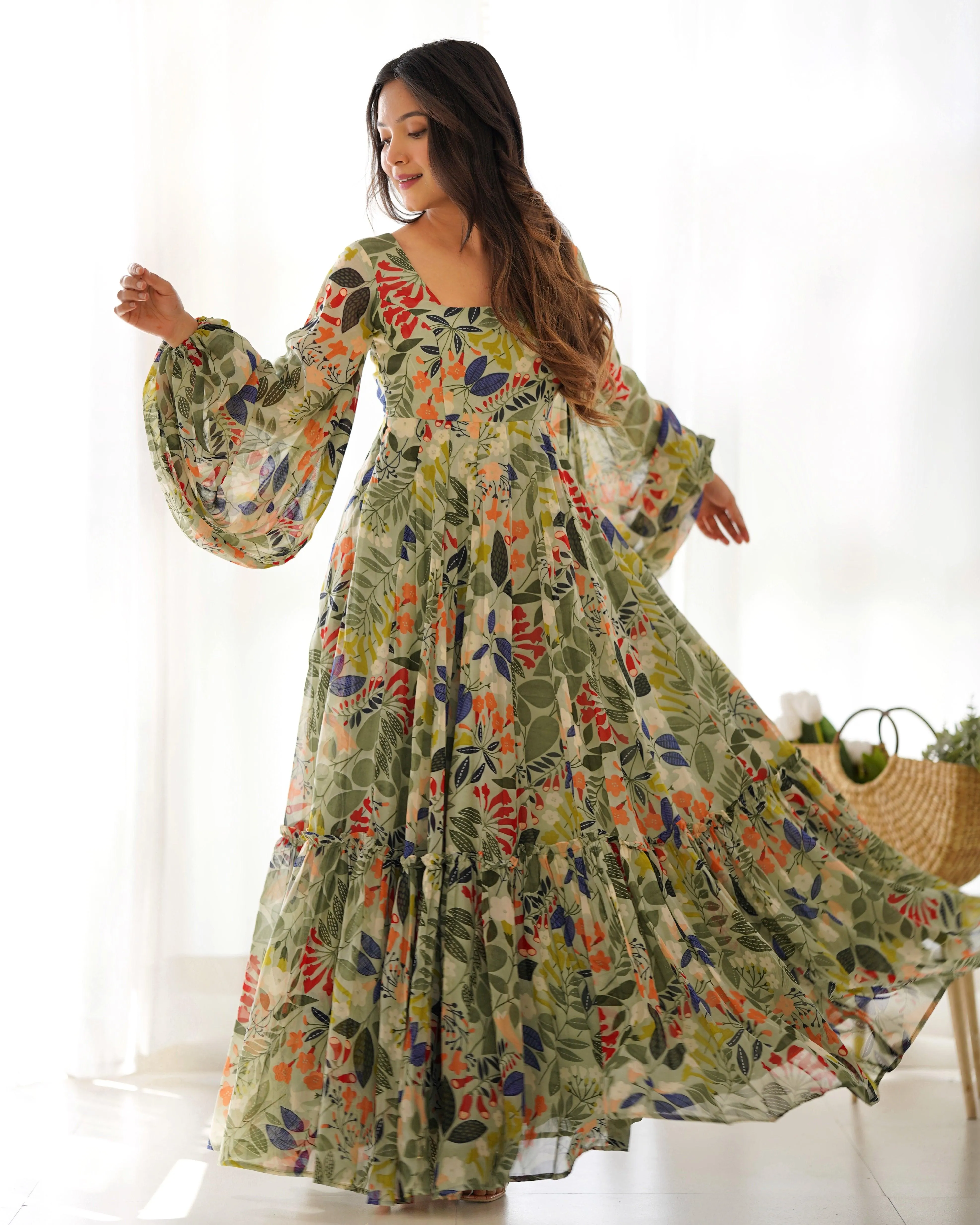 Green Pure Faux Georgette Floral Digital Printed Maxi Gown