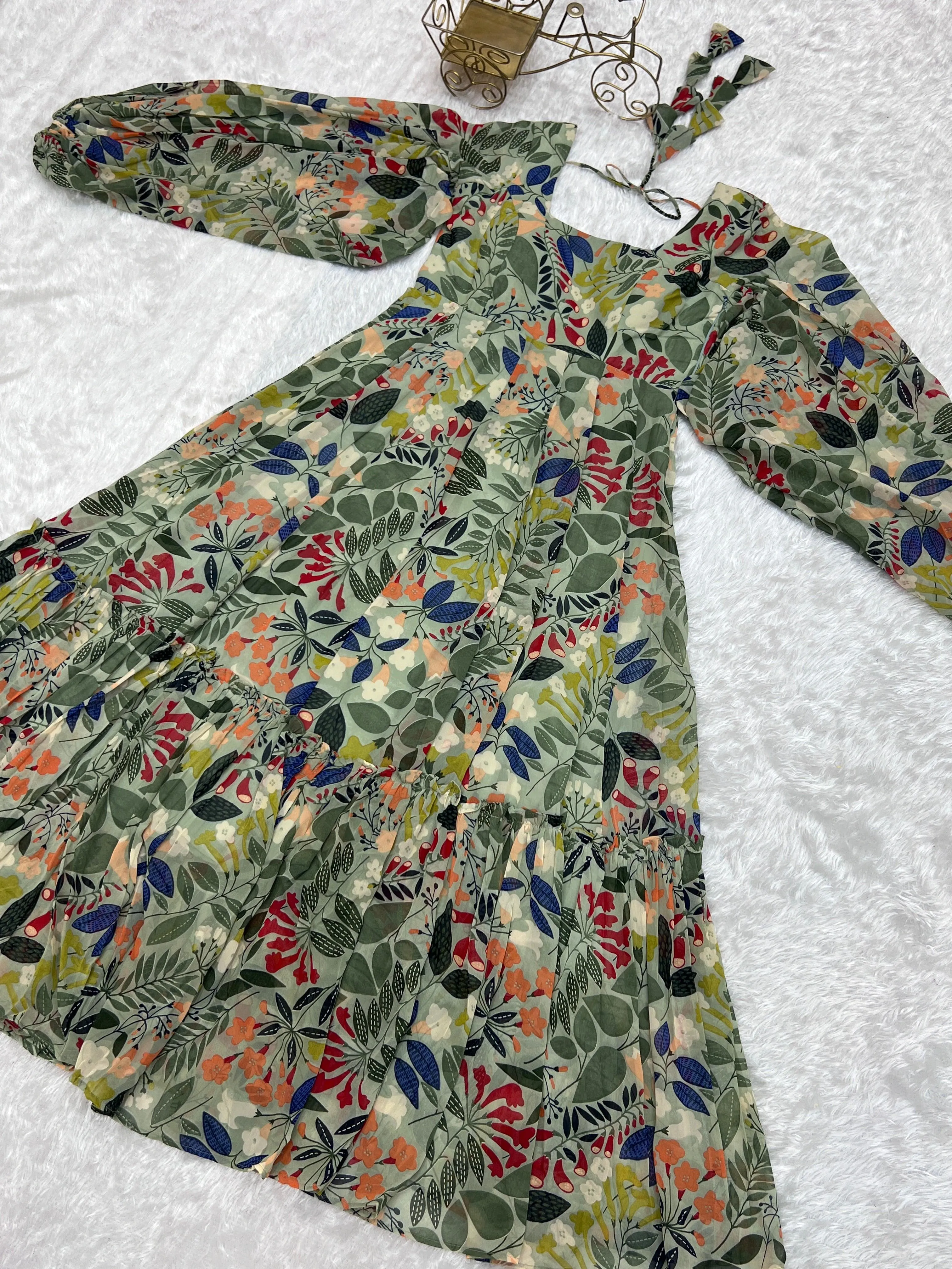 Green Pure Faux Georgette Floral Digital Printed Maxi Gown