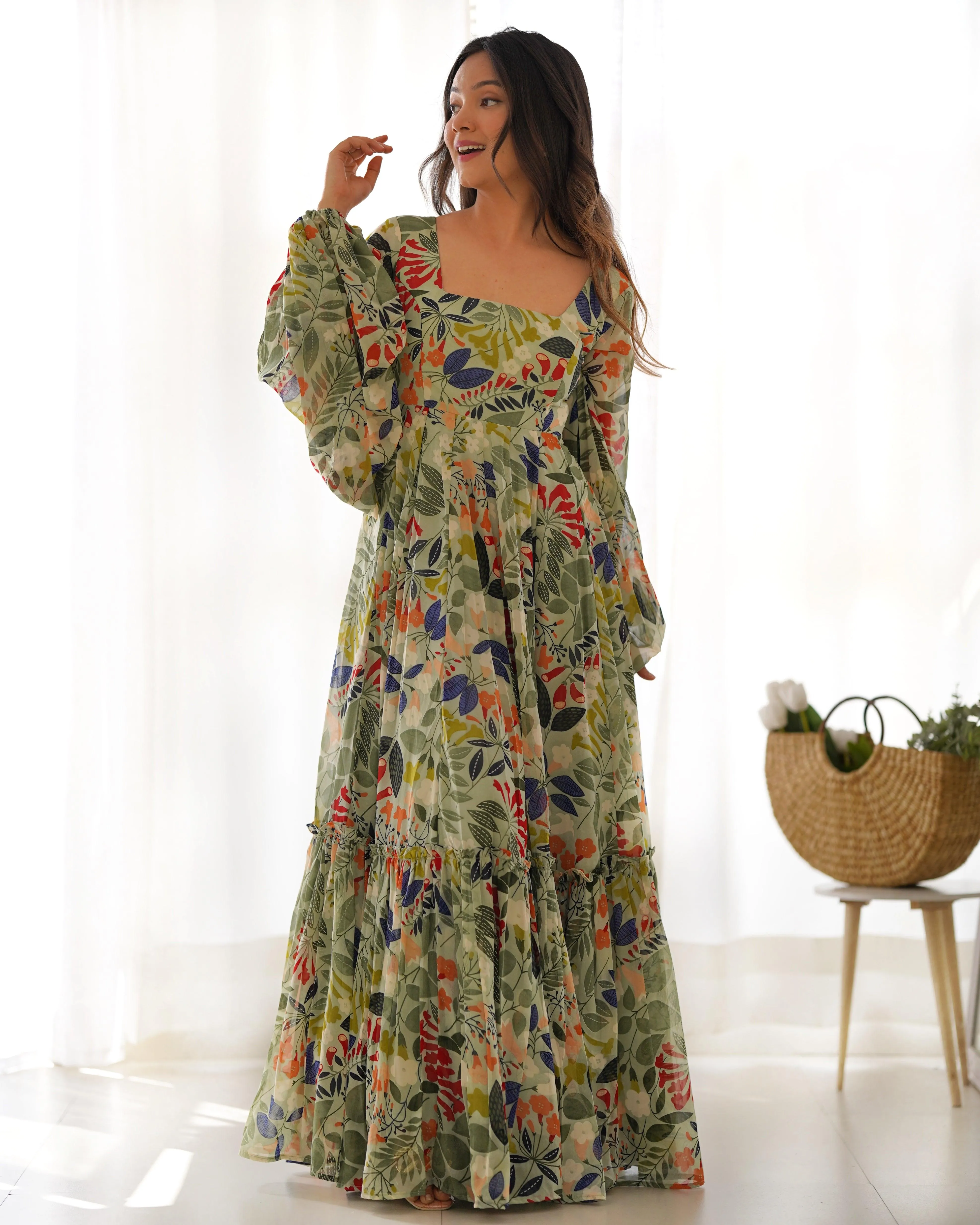 Green Pure Faux Georgette Floral Digital Printed Maxi Gown