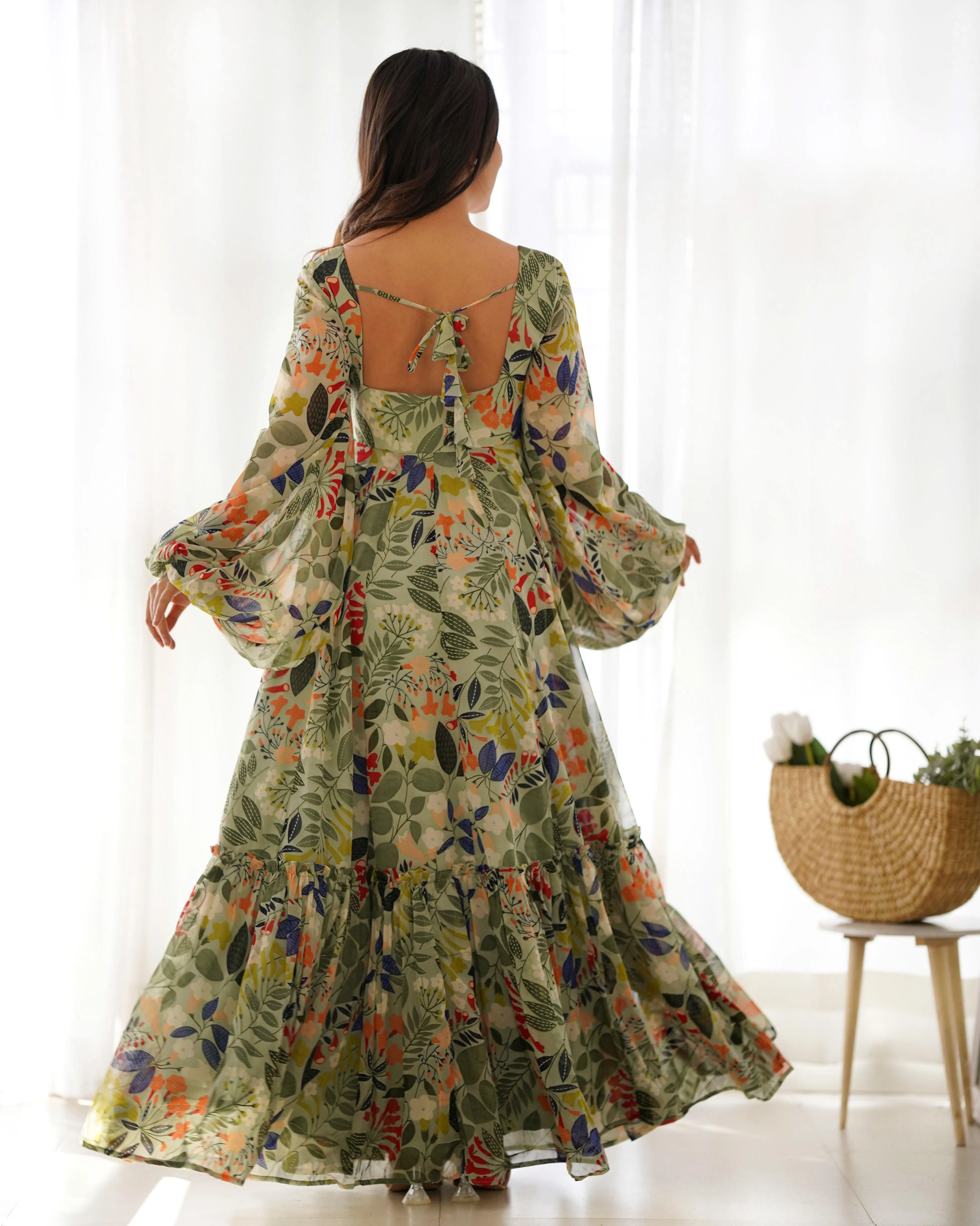 Green Pure Faux Georgette Floral Digital Printed Maxi Gown