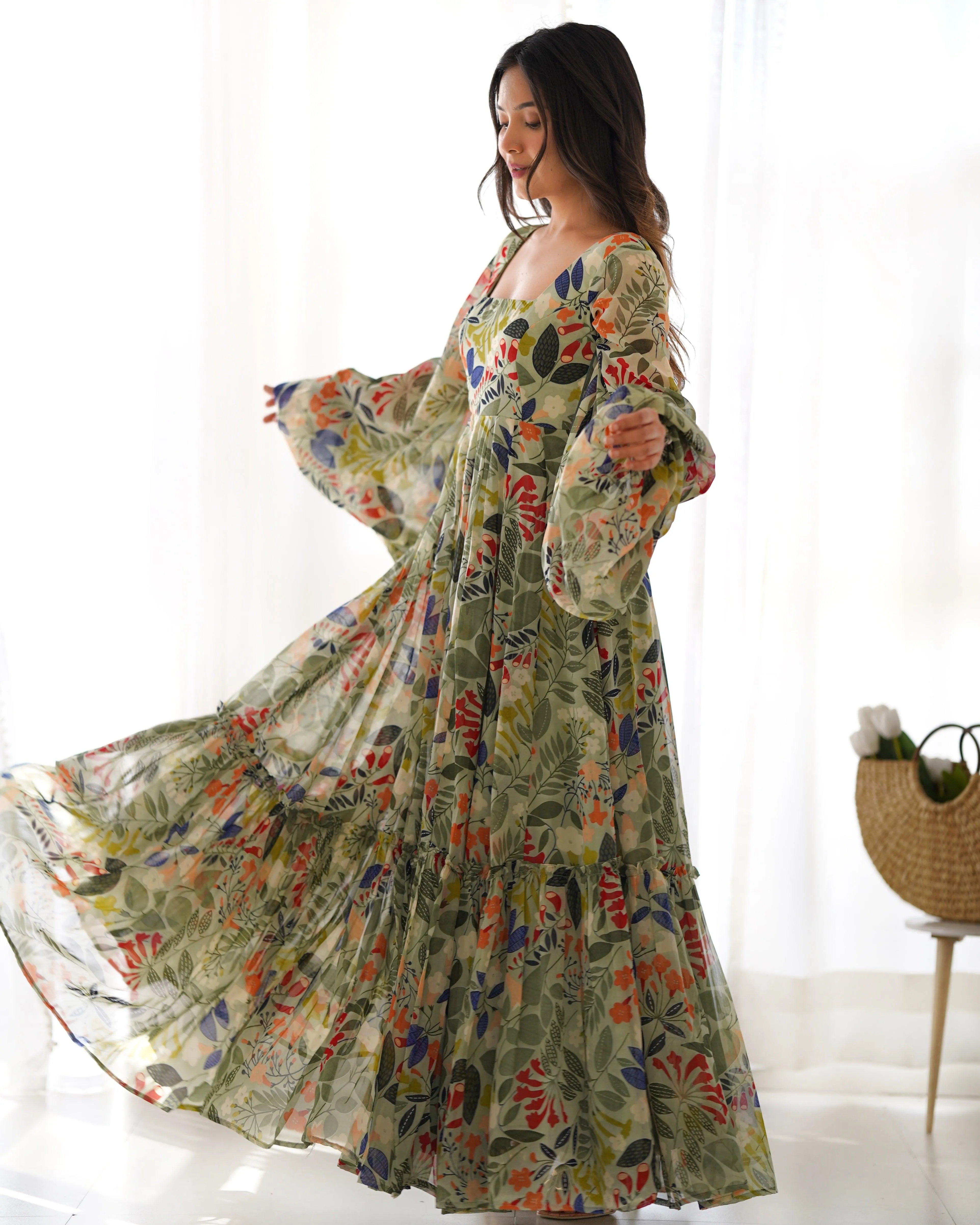 Green Pure Faux Georgette Floral Digital Printed Maxi Gown