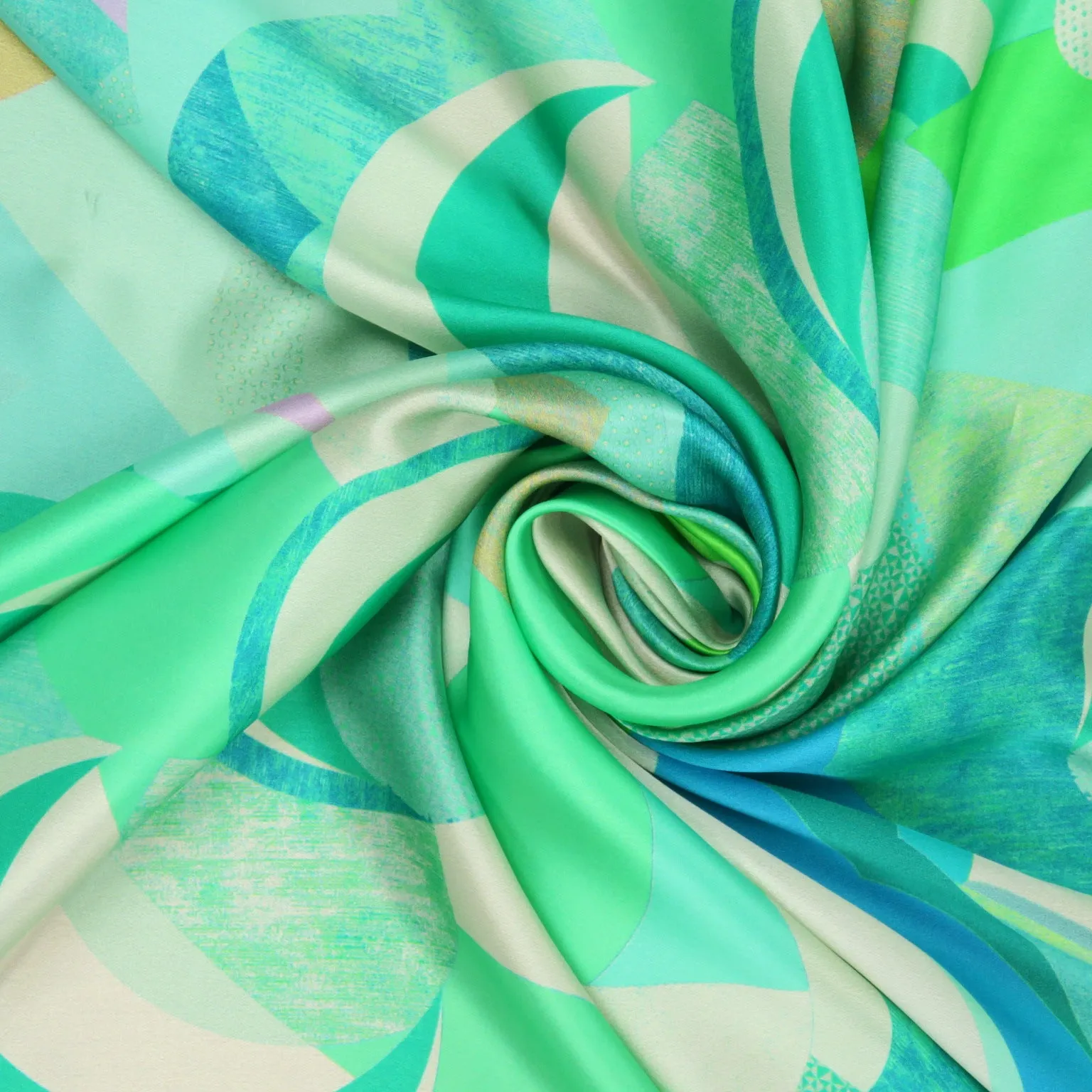 Green, Teal and Purple Abstract Circles Printed Silk Charmeuse Fabric
