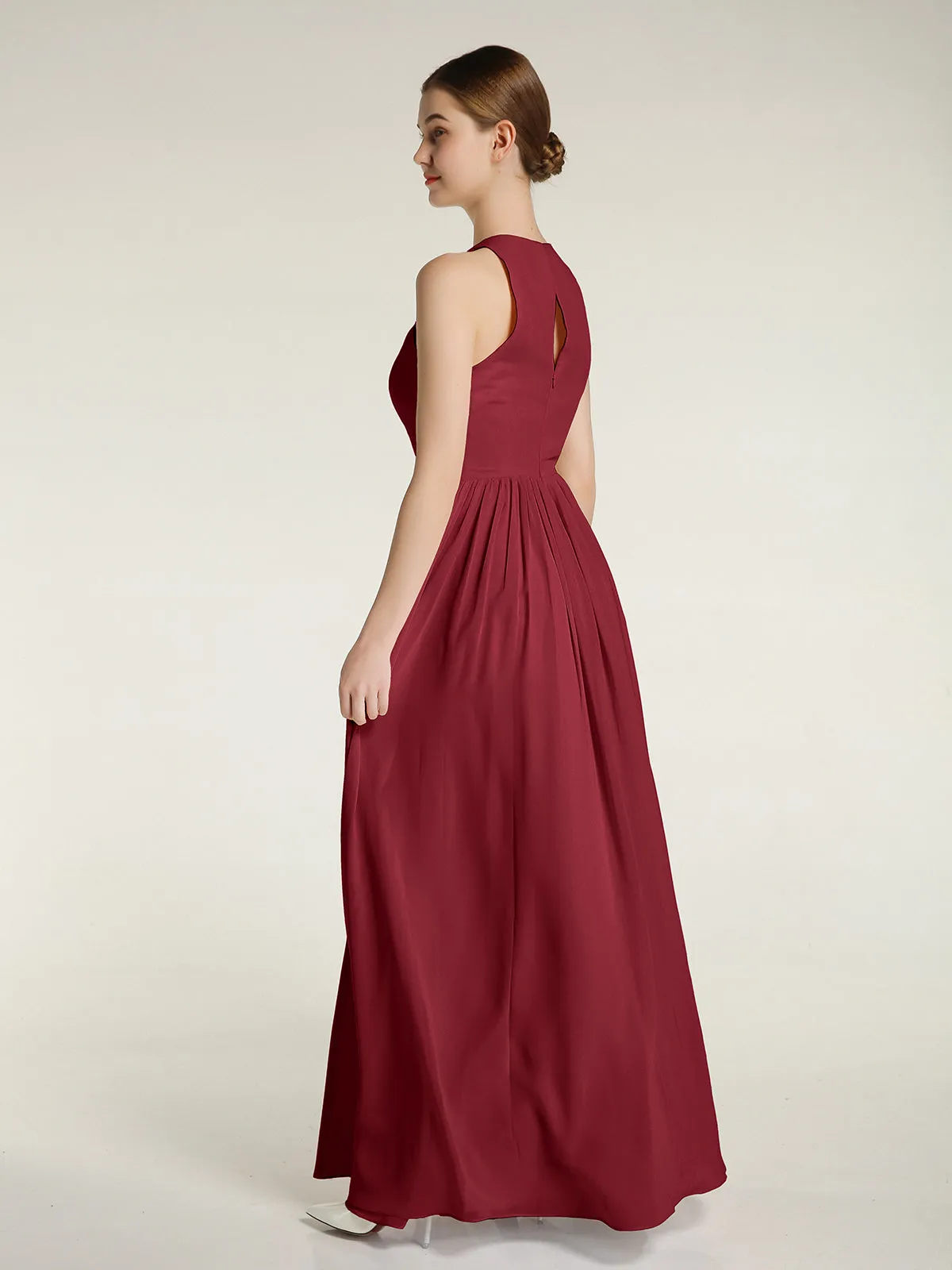 Halter Chiffon Simple Dress with Slit Burgundy Plus Size