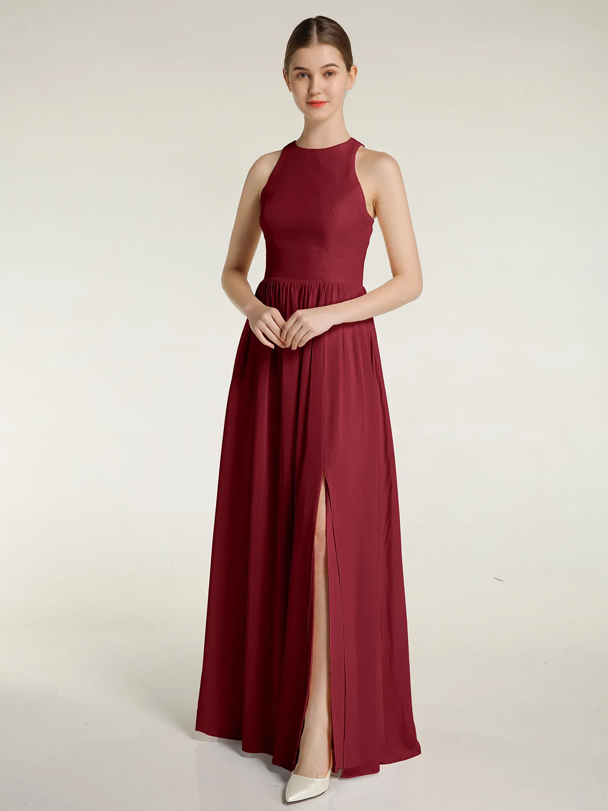 Halter Chiffon Simple Dress with Slit Burgundy Plus Size
