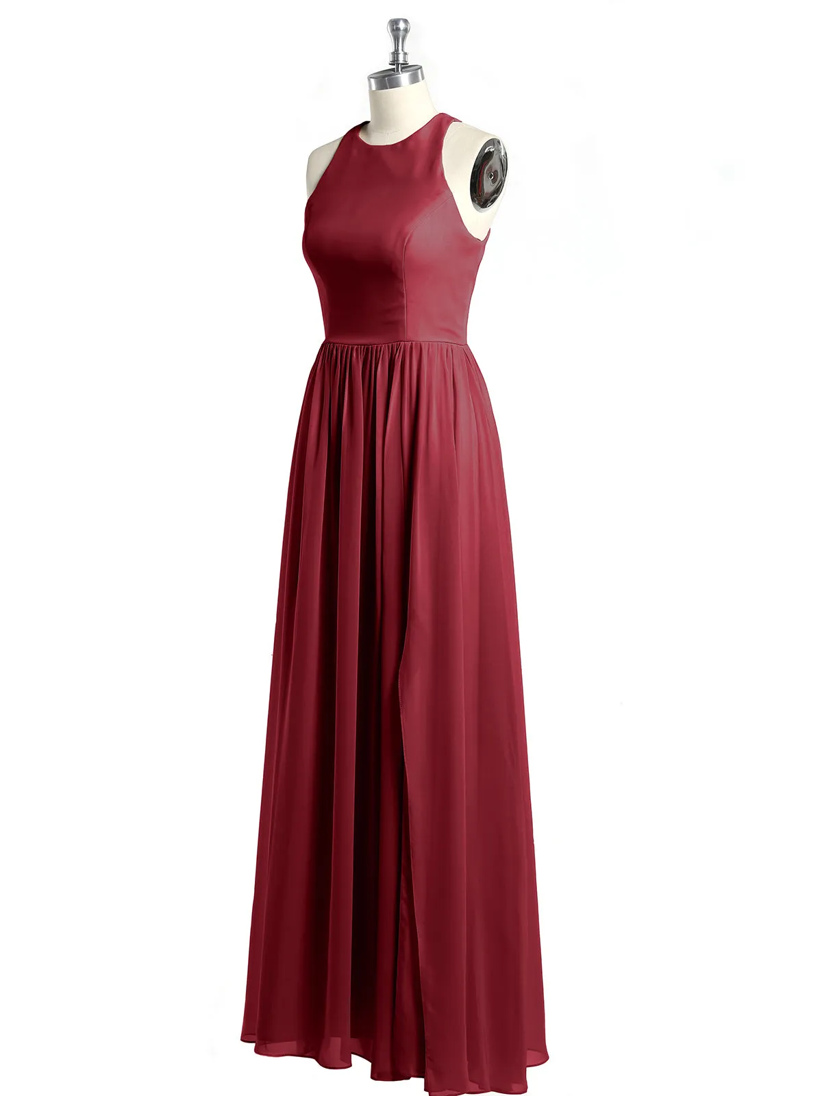 Halter Chiffon Simple Dress with Slit Burgundy Plus Size