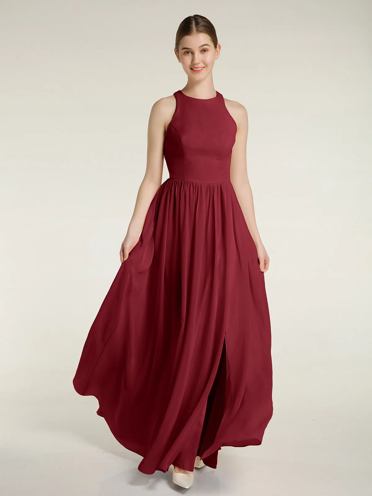 Halter Chiffon Simple Dress with Slit Burgundy Plus Size