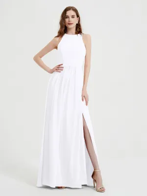 Halter Chiffon Simple Dress with Slit White