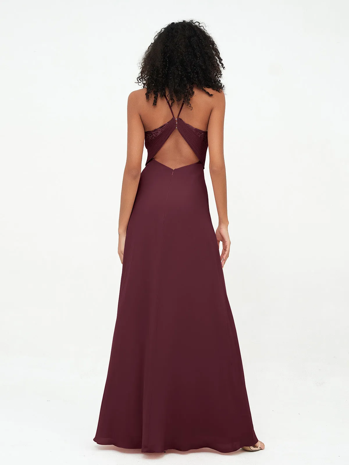 Halter Lace Top and Chiffon Open Back Dresses Cabernet Plus Size