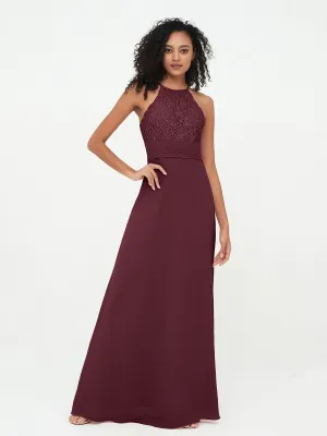 Halter Lace Top and Chiffon Open Back Dresses Cabernet Plus Size