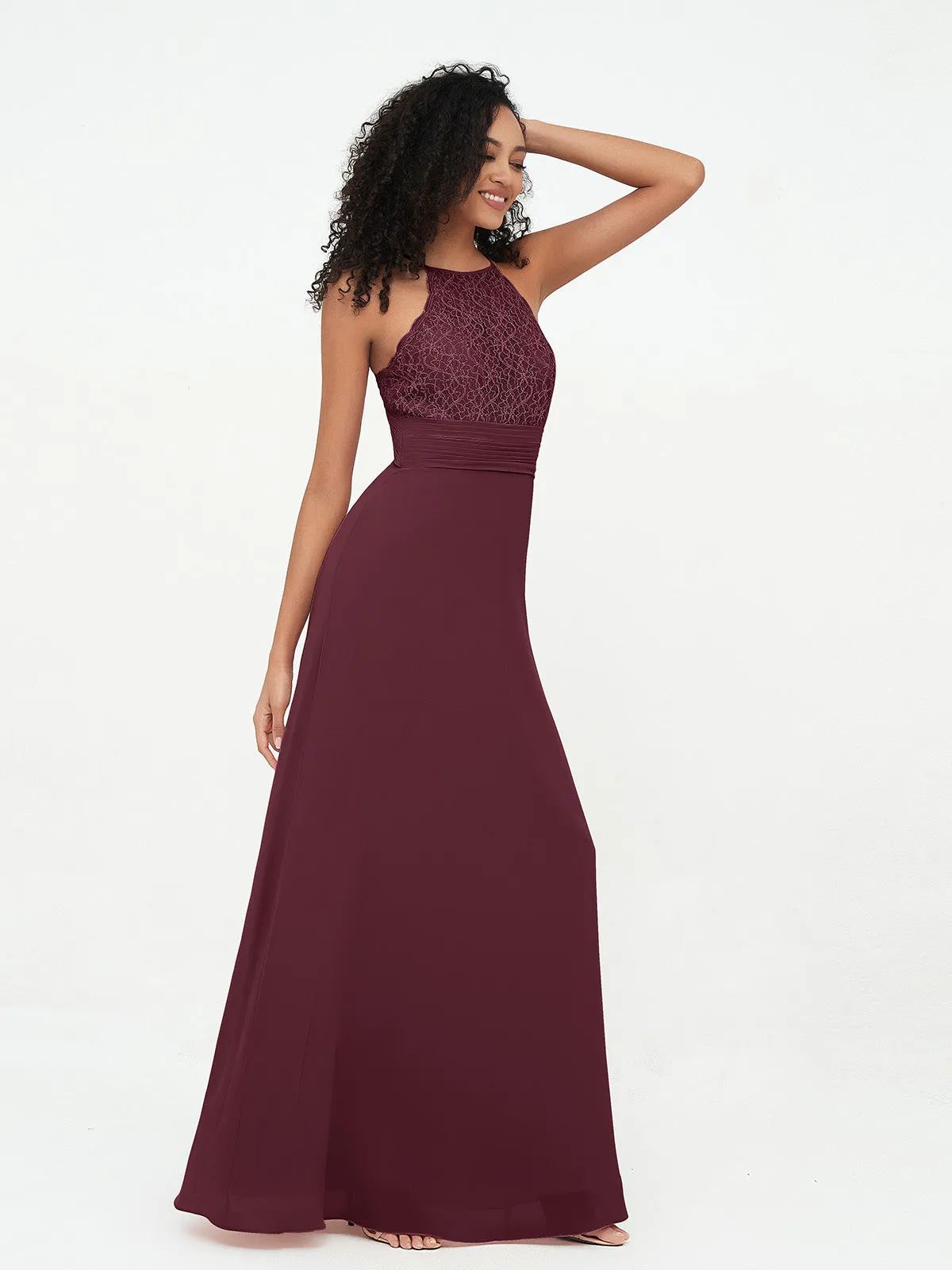 Halter Lace Top and Chiffon Open Back Dresses Cabernet Plus Size