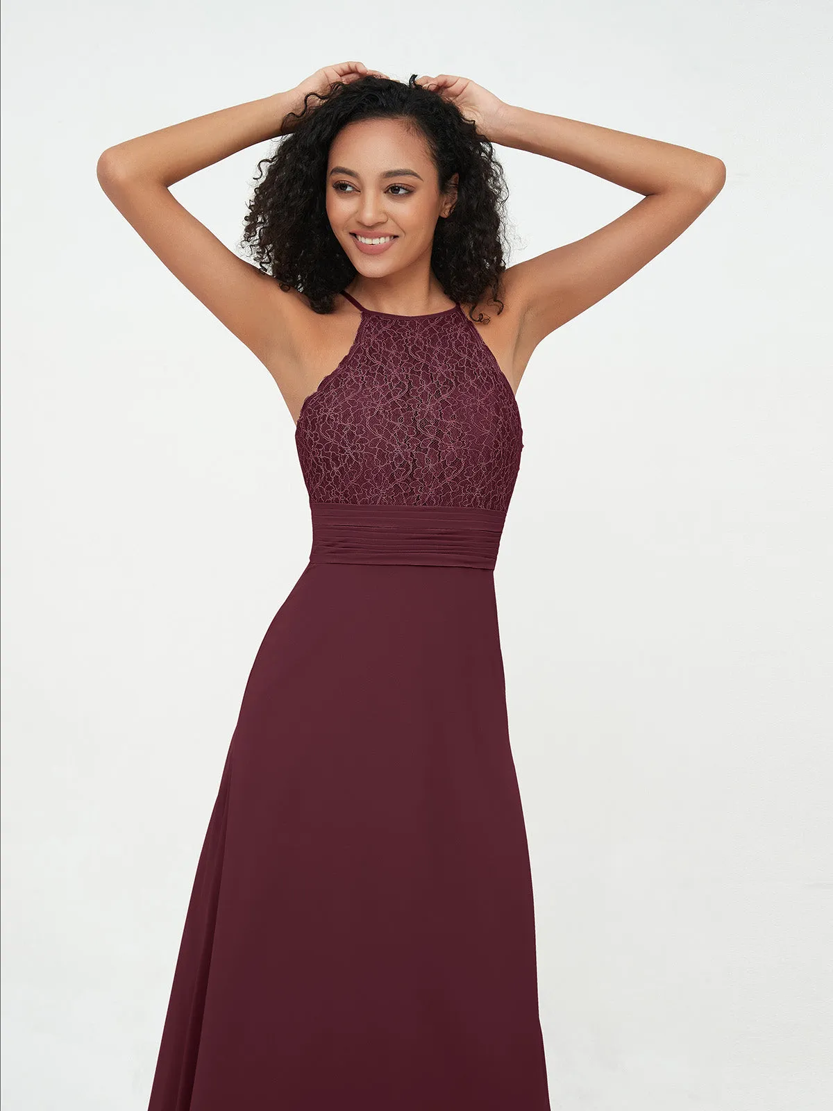 Halter Lace Top and Chiffon Open Back Dresses Cabernet Plus Size