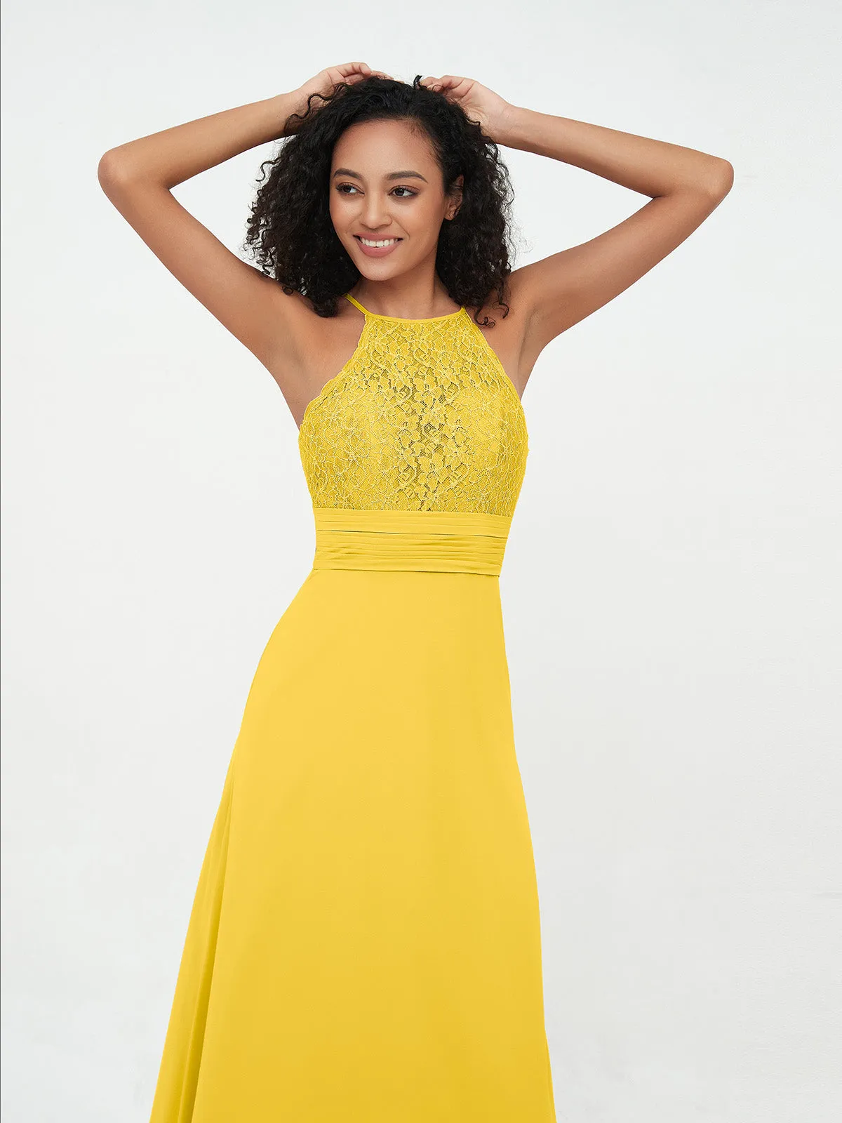 Halter Lace Top and Chiffon Open Back Dresses Marigold