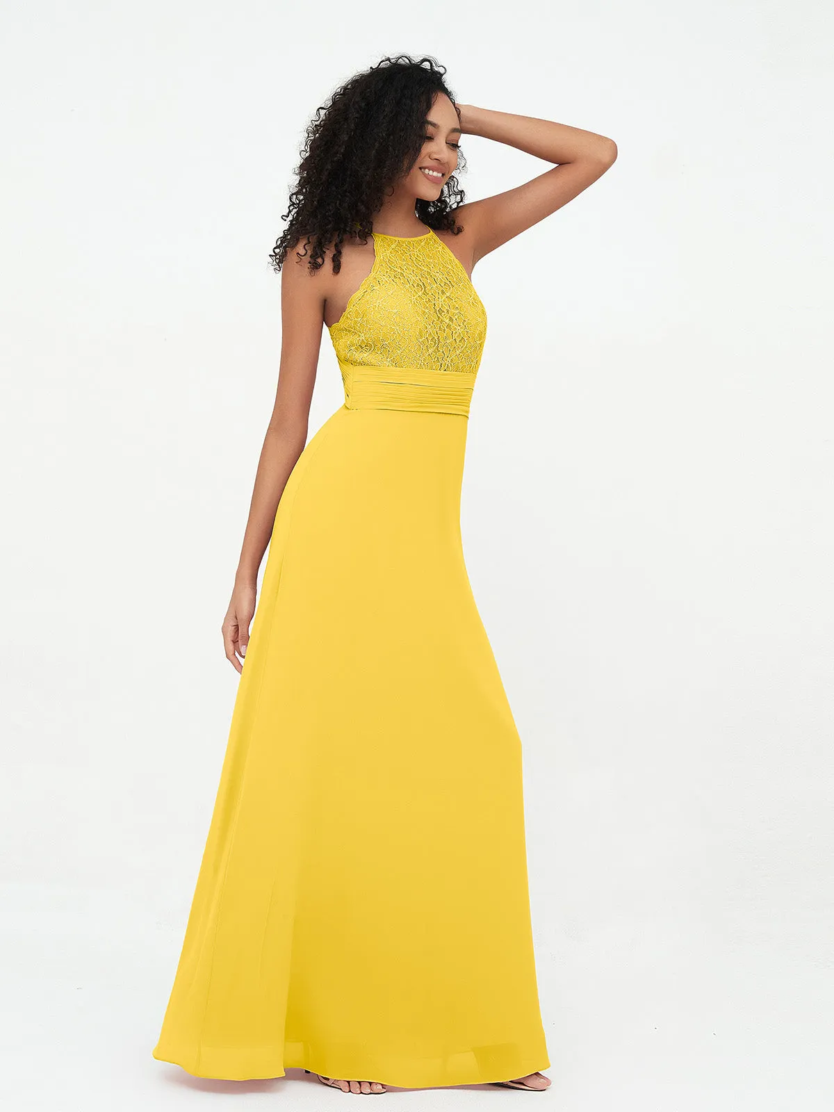Halter Lace Top and Chiffon Open Back Dresses Marigold