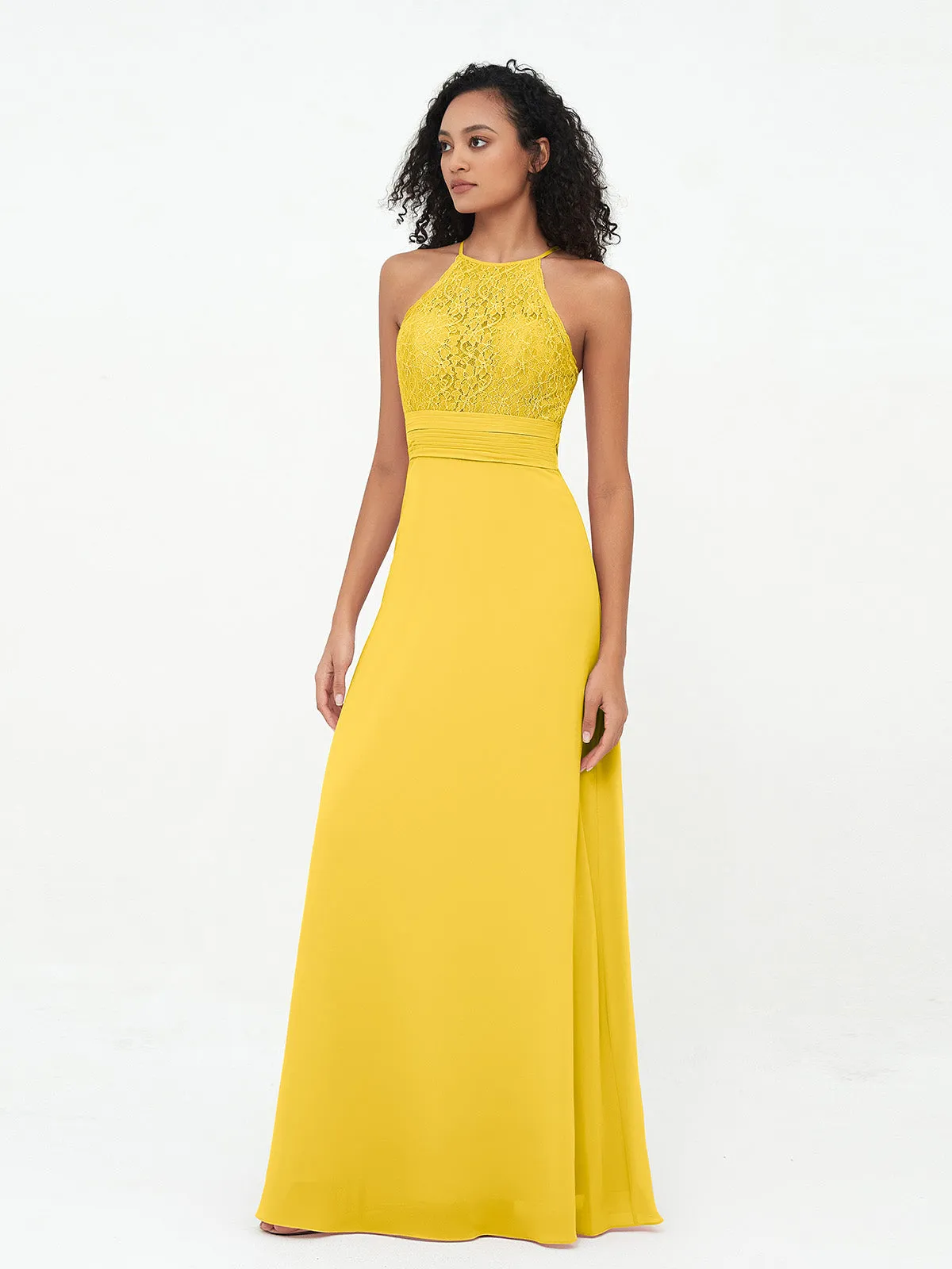 Halter Lace Top and Chiffon Open Back Dresses Marigold