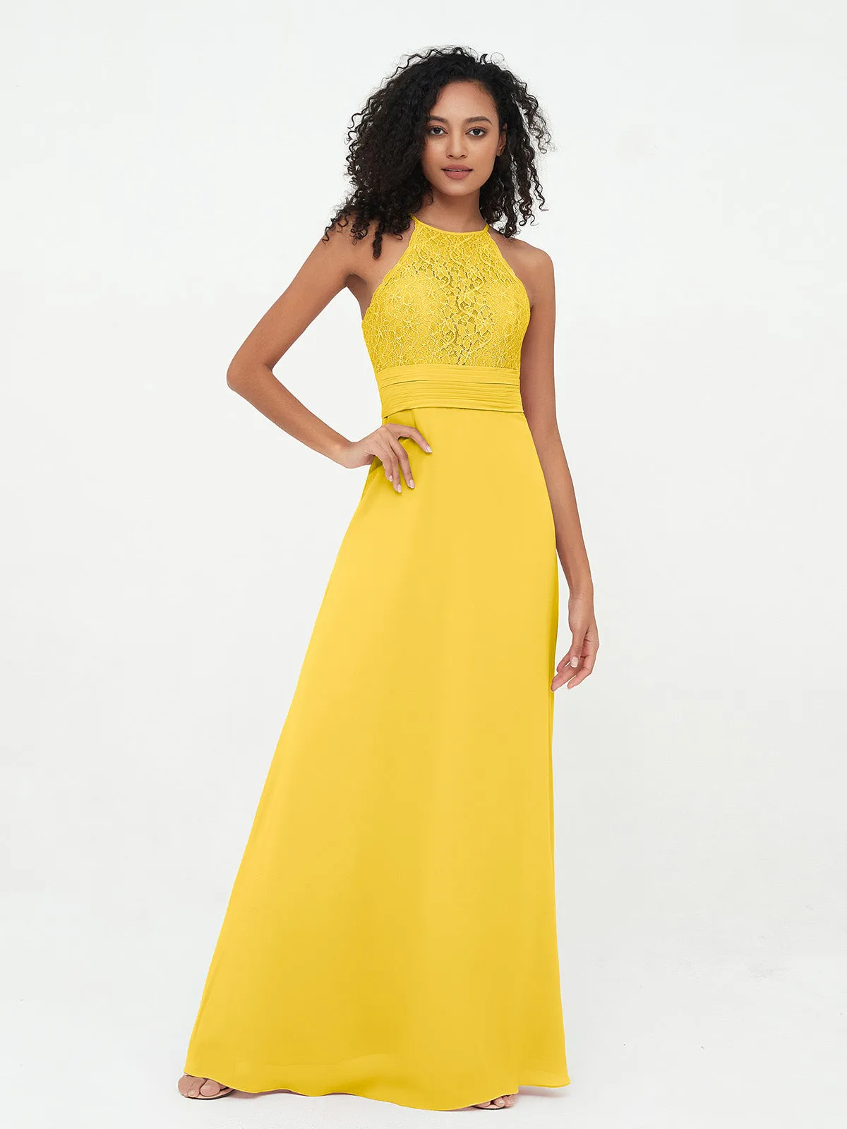 Halter Lace Top and Chiffon Open Back Dresses Marigold