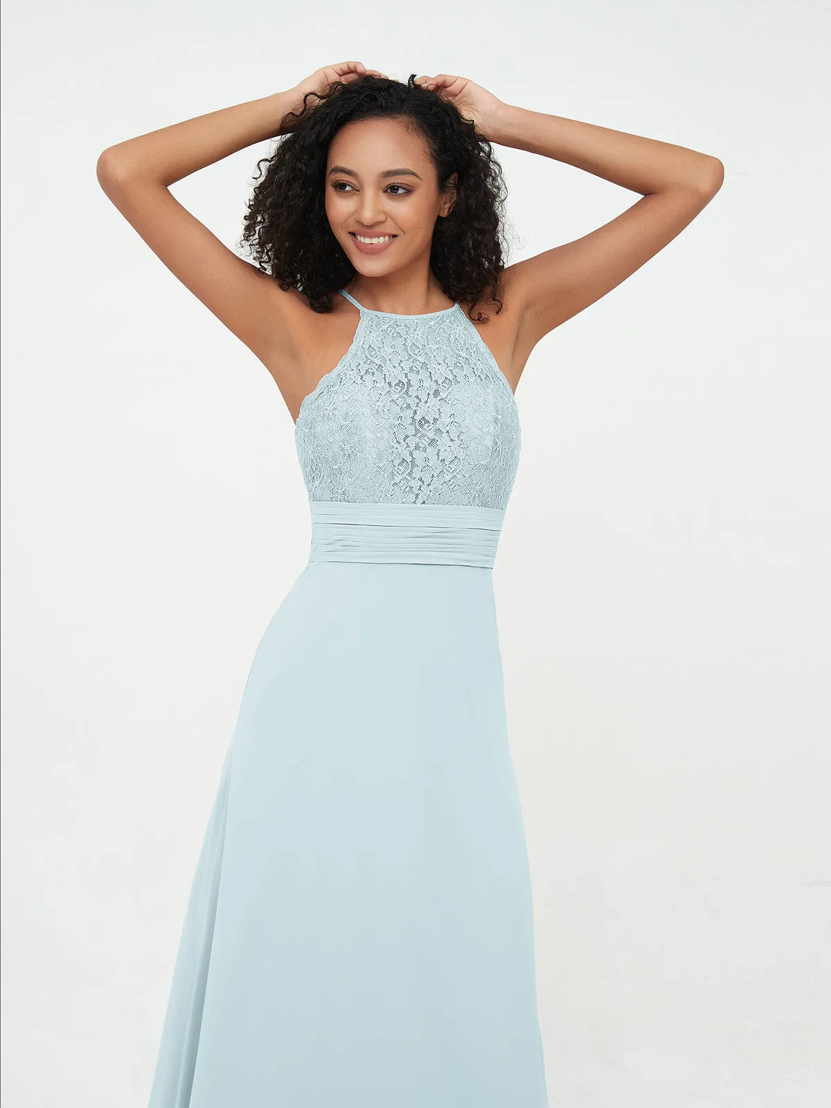 Halter Lace Top and Chiffon Open Back Dresses Mist