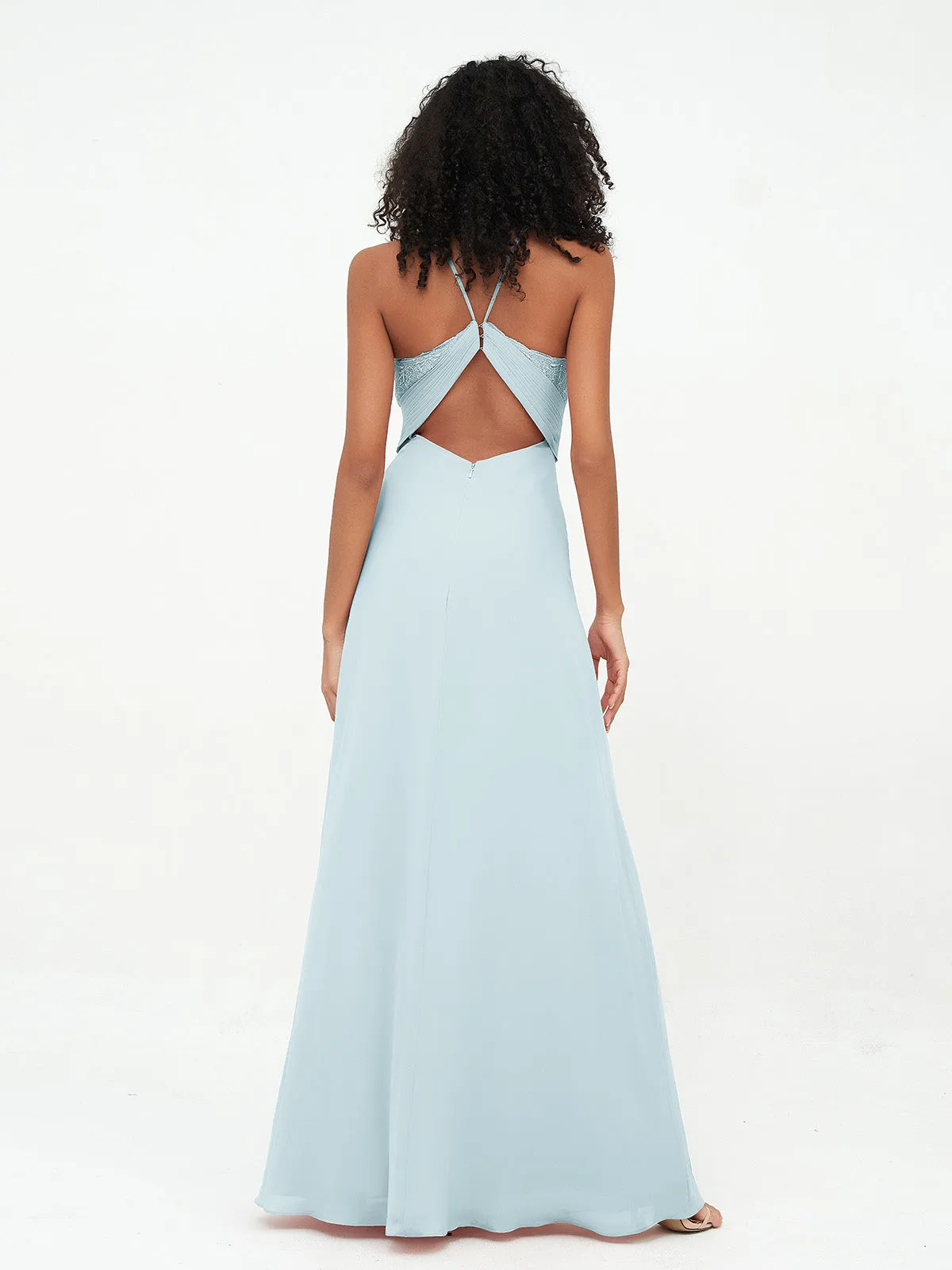 Halter Lace Top and Chiffon Open Back Dresses Mist