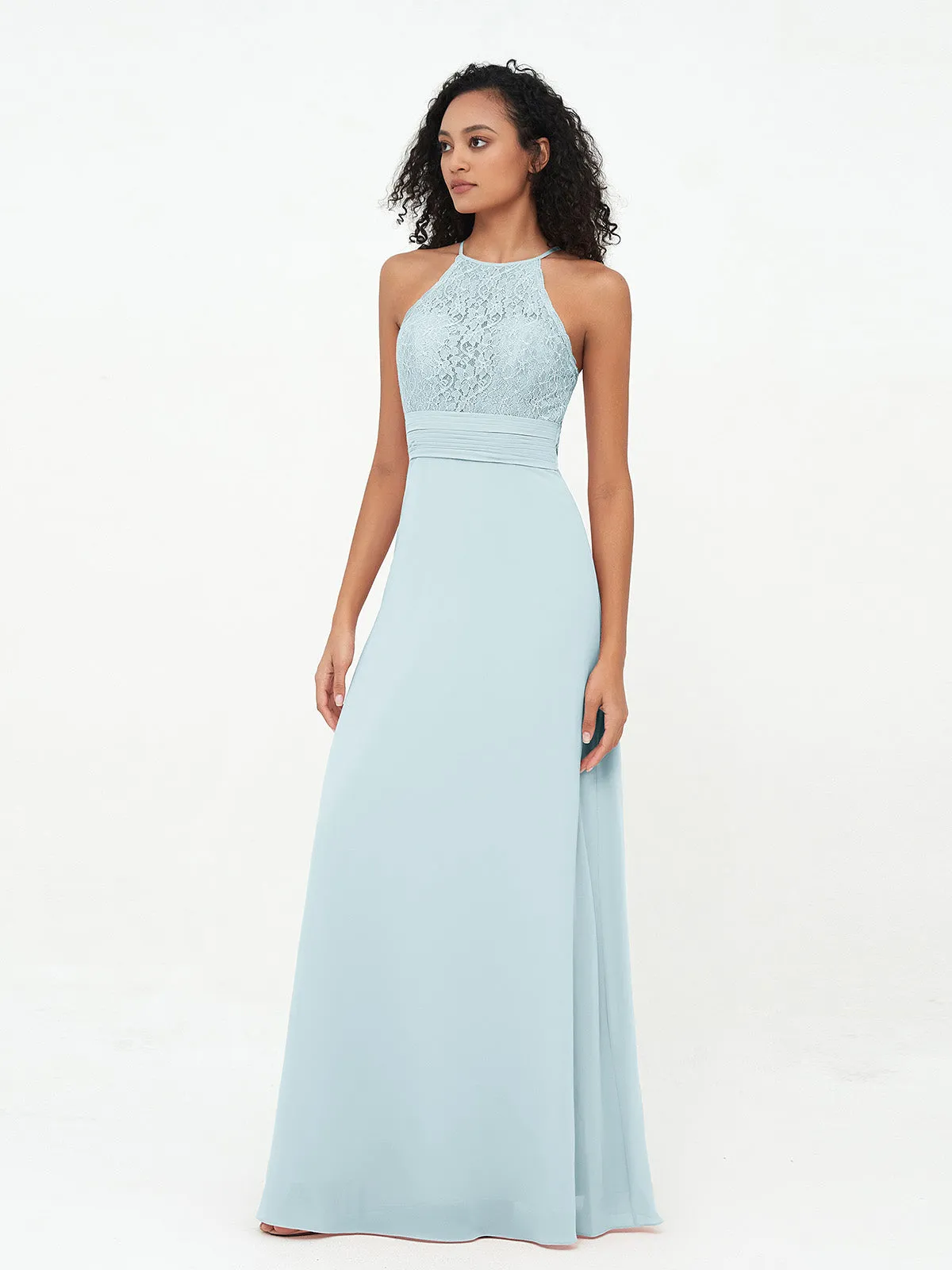 Halter Lace Top and Chiffon Open Back Dresses Mist