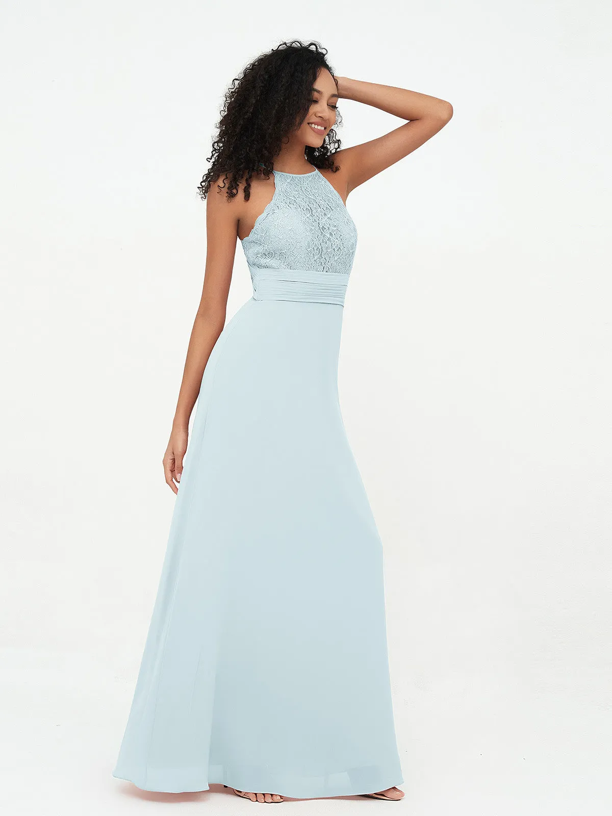 Halter Lace Top and Chiffon Open Back Dresses Mist
