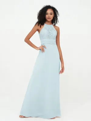 Halter Lace Top and Chiffon Open Back Dresses Mist