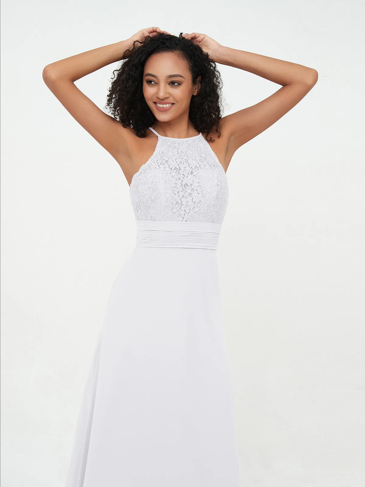 Halter Lace Top and Chiffon Open Back Dresses White Plus Size
