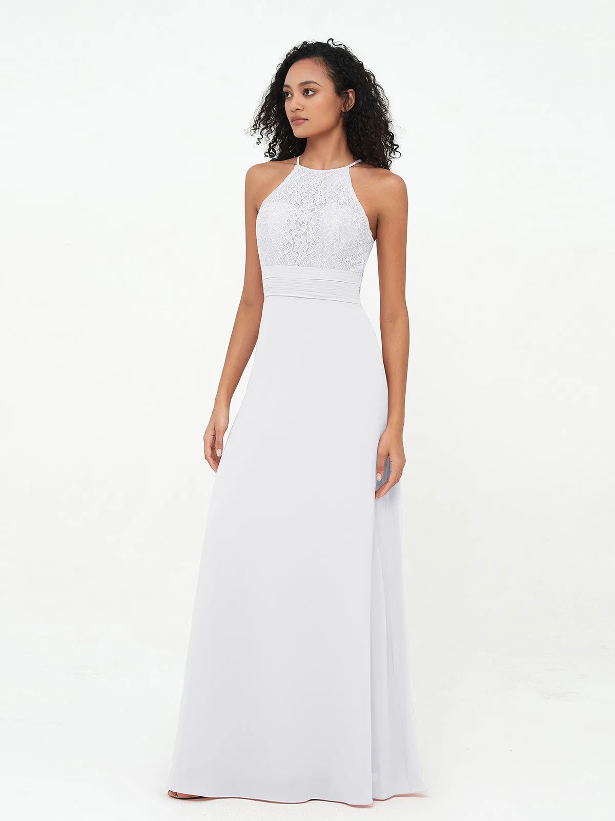 Halter Lace Top and Chiffon Open Back Dresses White Plus Size