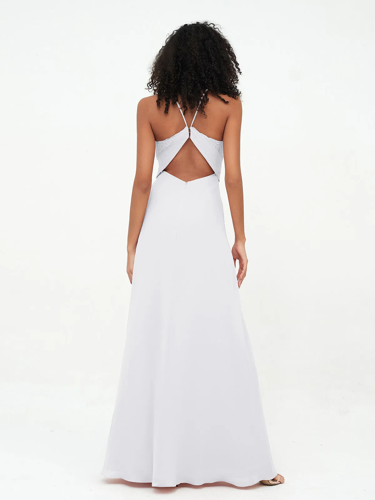 Halter Lace Top and Chiffon Open Back Dresses White Plus Size