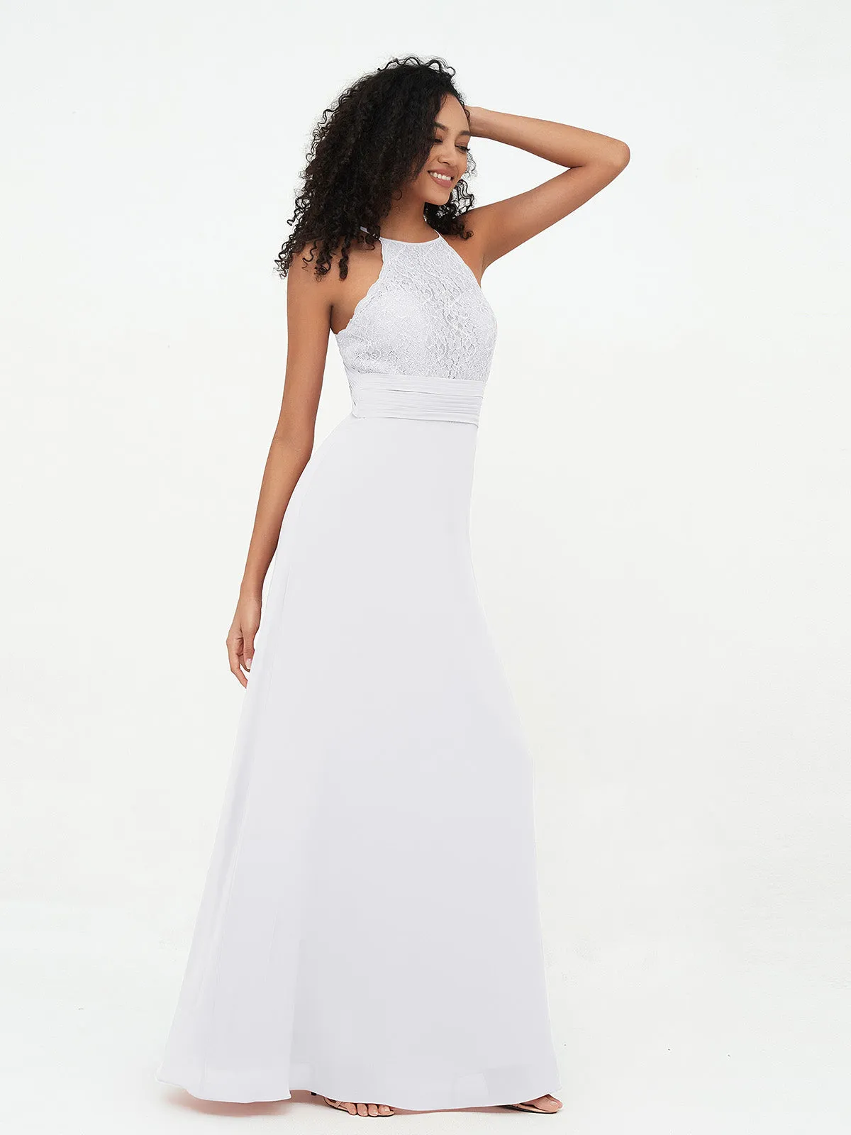 Halter Lace Top and Chiffon Open Back Dresses White Plus Size