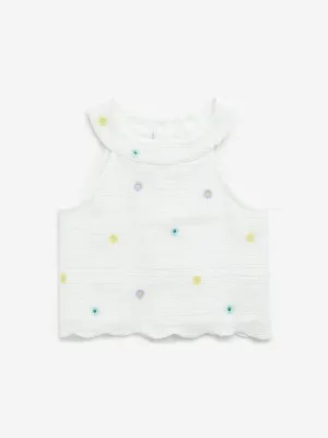 HOP Kids Off-White Floral Embroidered Cotton Top