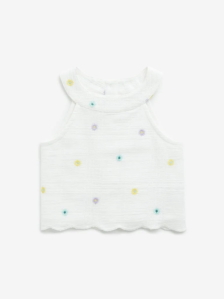 HOP Kids Off-White Floral Embroidered Cotton Top