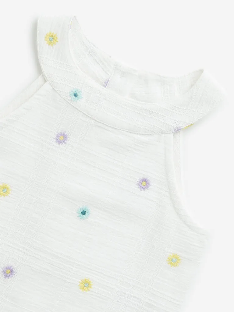 HOP Kids Off-White Floral Embroidered Cotton Top