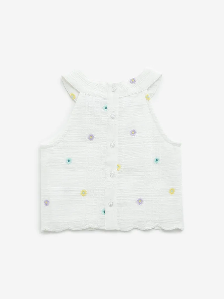 HOP Kids Off-White Floral Embroidered Cotton Top