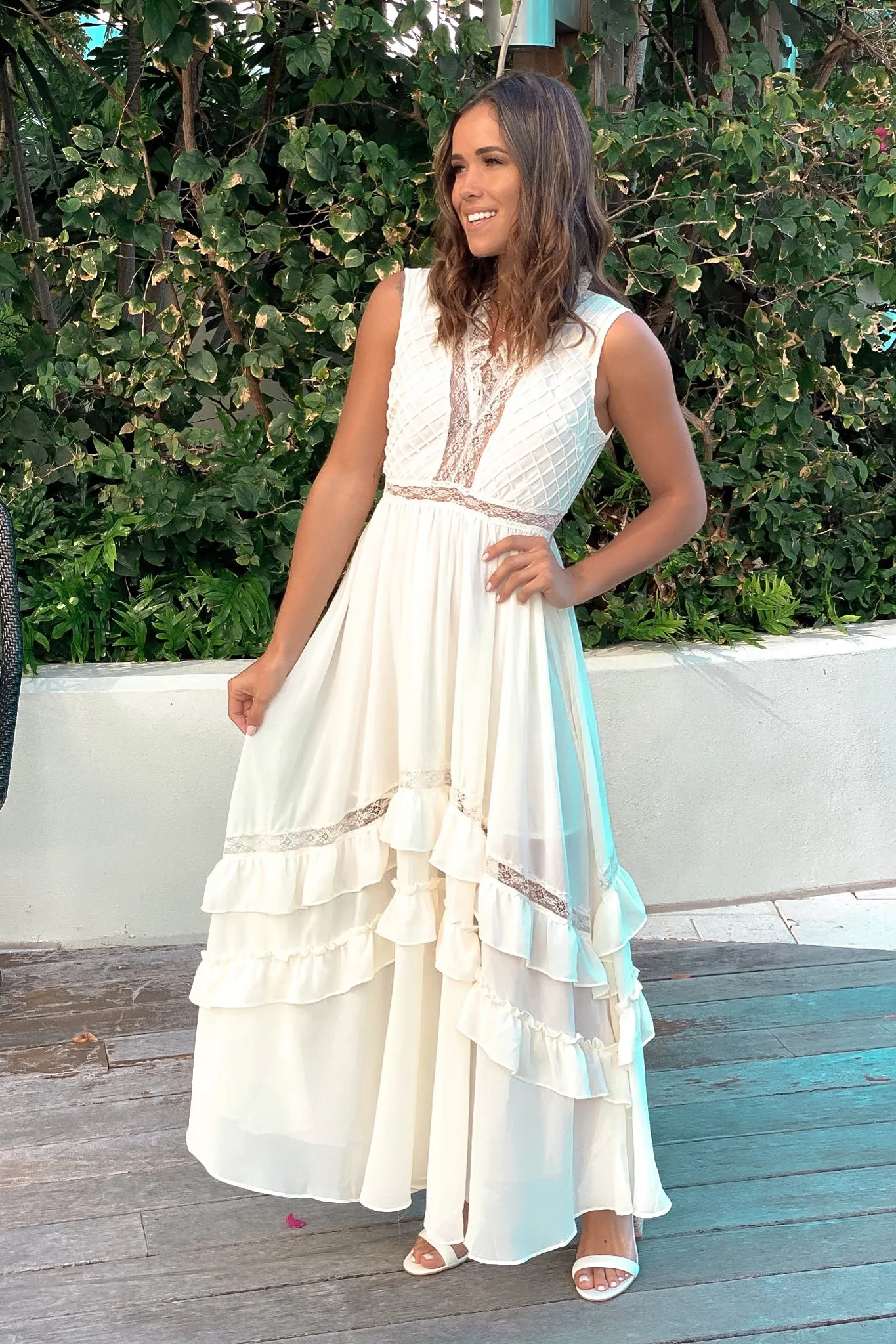 Ivory Ruffled Pintuck Dress