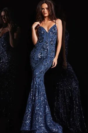 JOVANI - 23839 - Floral Sequin Backless Form-Fitting Evening Gown