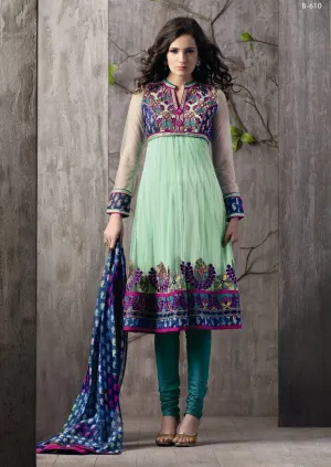 Light Green Embroidered Net Crepe Stitched  Salwar kameez Churidar SC610