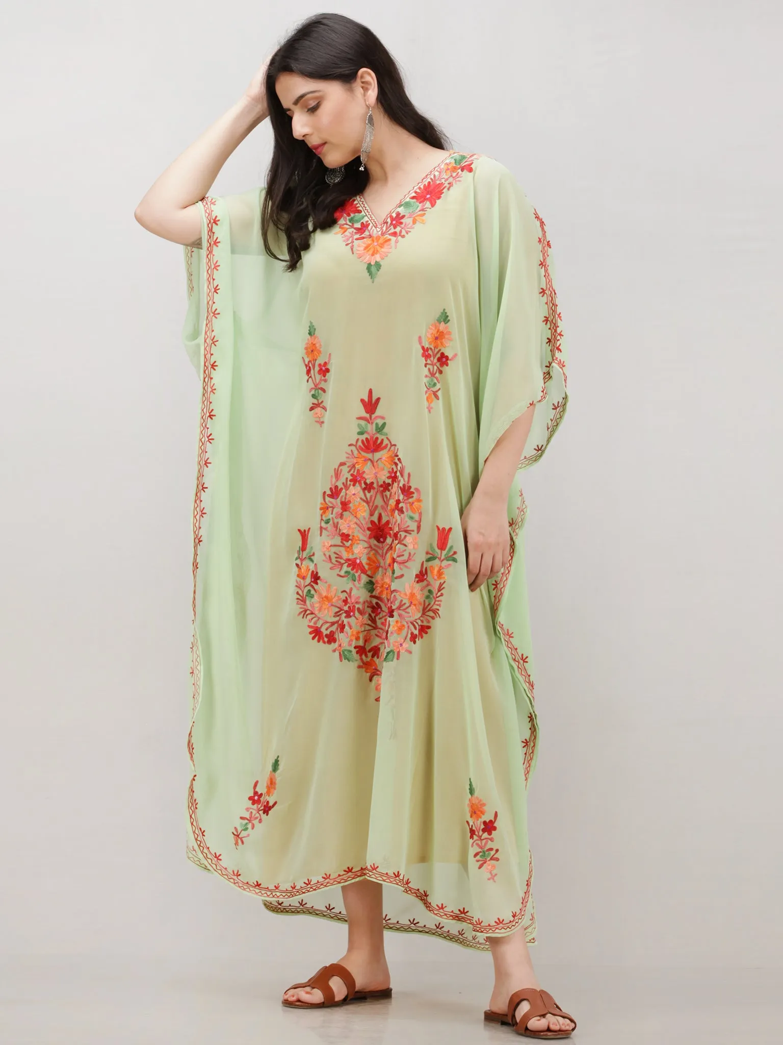 Light Green Multicolor Aari Embroidered Kashmere Free Size Georgette Kaftan  - K12K011