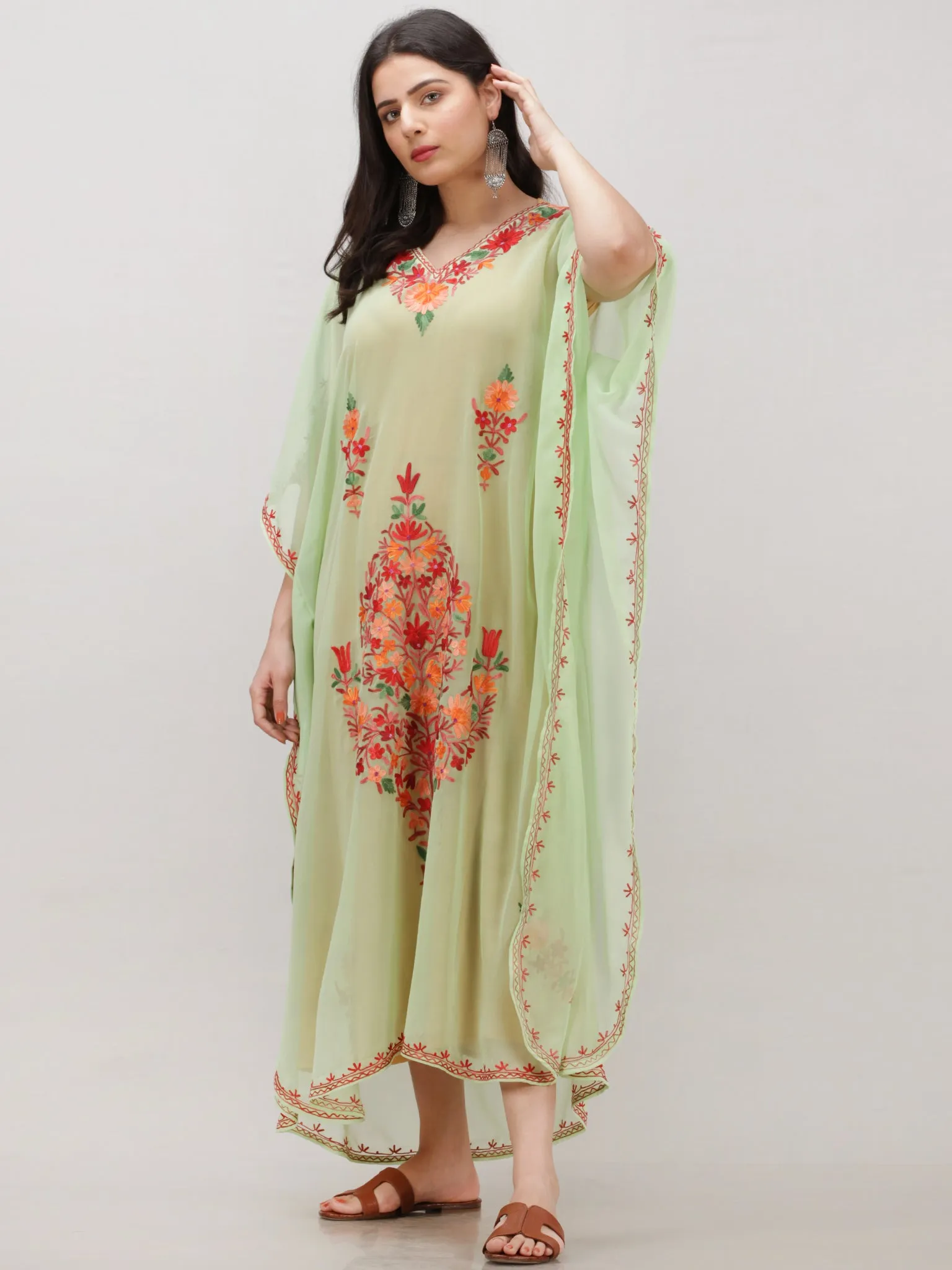 Light Green Multicolor Aari Embroidered Kashmere Free Size Georgette Kaftan  - K12K011